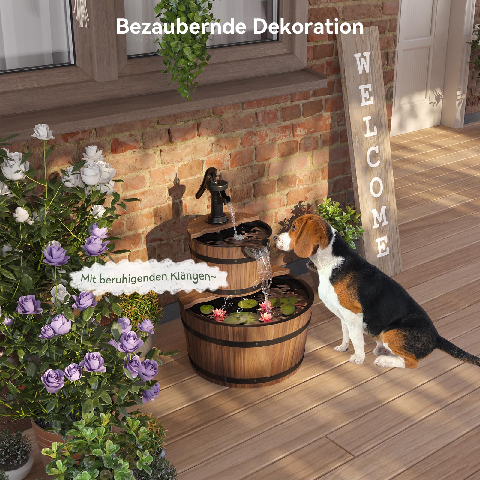 Aoxun Brunnen Holz, Gartenbrunnen mit Pumpe, Holzbrunnen Holzfass Zierbrunnen, für Springbrunnen Gartendeko, Garten Rasen Terrasse Hinterhof, 44,5 x 61 cm, Braun