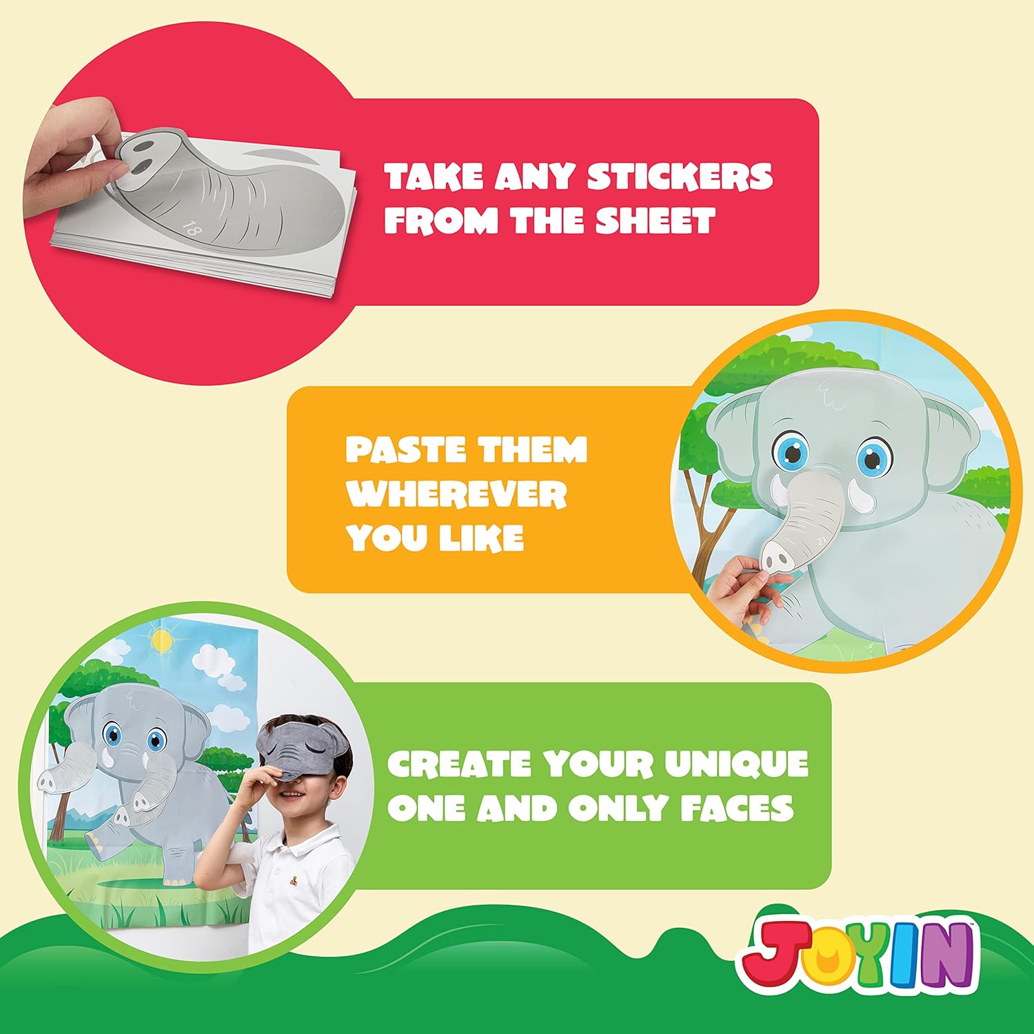 JOYIN Pin The Nose on The Elephant Game, 24 Pcs 21'' x 28'' Elephant Nose Stickers, Make a Face Stickers Party Favors Decorations