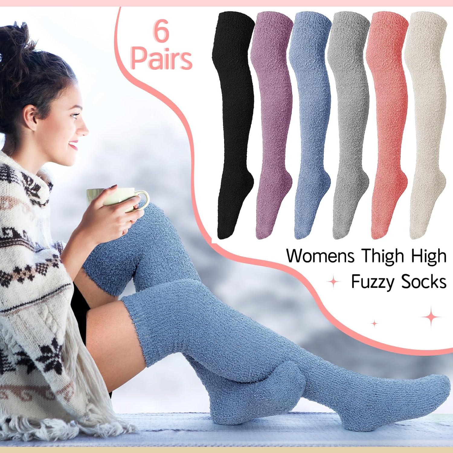 Liitrsh 6 Pairs Women Knee High Fuzzy Socks Soft Long Thigh High Warm stockings Cozy Slipper Plush Socks - Image 4