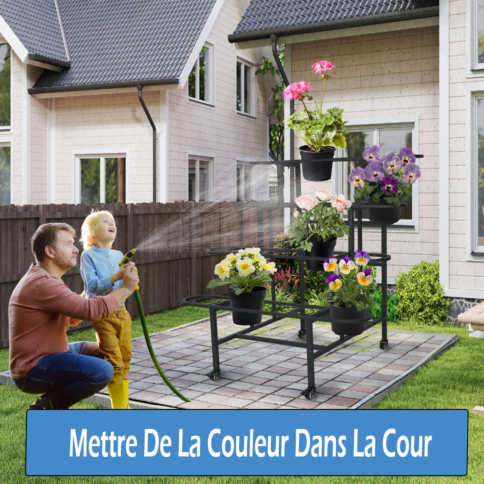 uyoyous Support de Plantes à 4 Étages, Support pour Plantes en Métal Étagère à Fleurs d'Intérieur et d'Extérieur avec Roulettes pour Balcon, Jardin, Salon, Ne comprend pas les 16 pots de fleurs, Noir