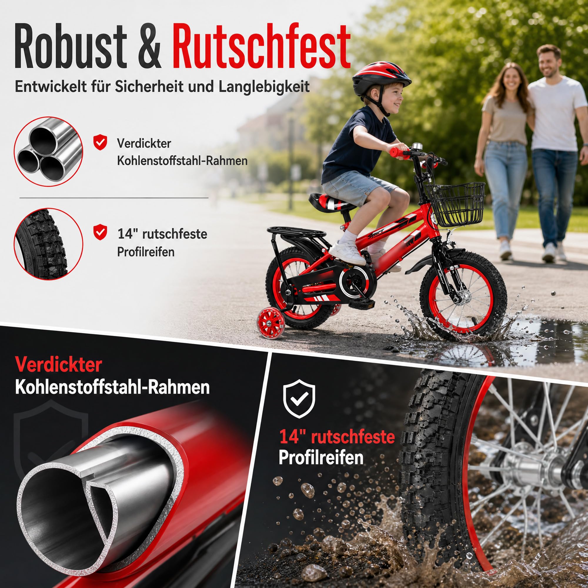 14 Zoll Kinderfahrrad ab 3 Jahre mit Stützrädern & Rücktritt | Höhenverstellbar, inkl. Korb & Kettenschutz für Mädchen und Jungen Fahrrad für Schulung Outdoor