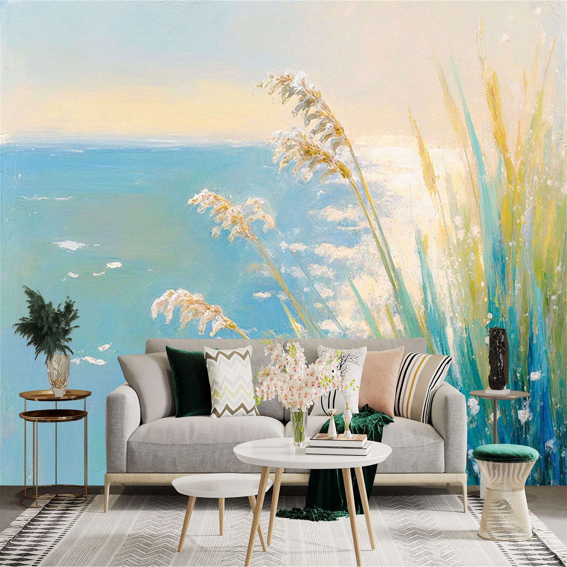 Custom Size Wall Sticker Mural， Coastal Beach Scene， Impressionist Ocean View， Soft Wheat Plants， Scenic Seaside Landscape， for wall Decoration， peelandstick wall Decals.