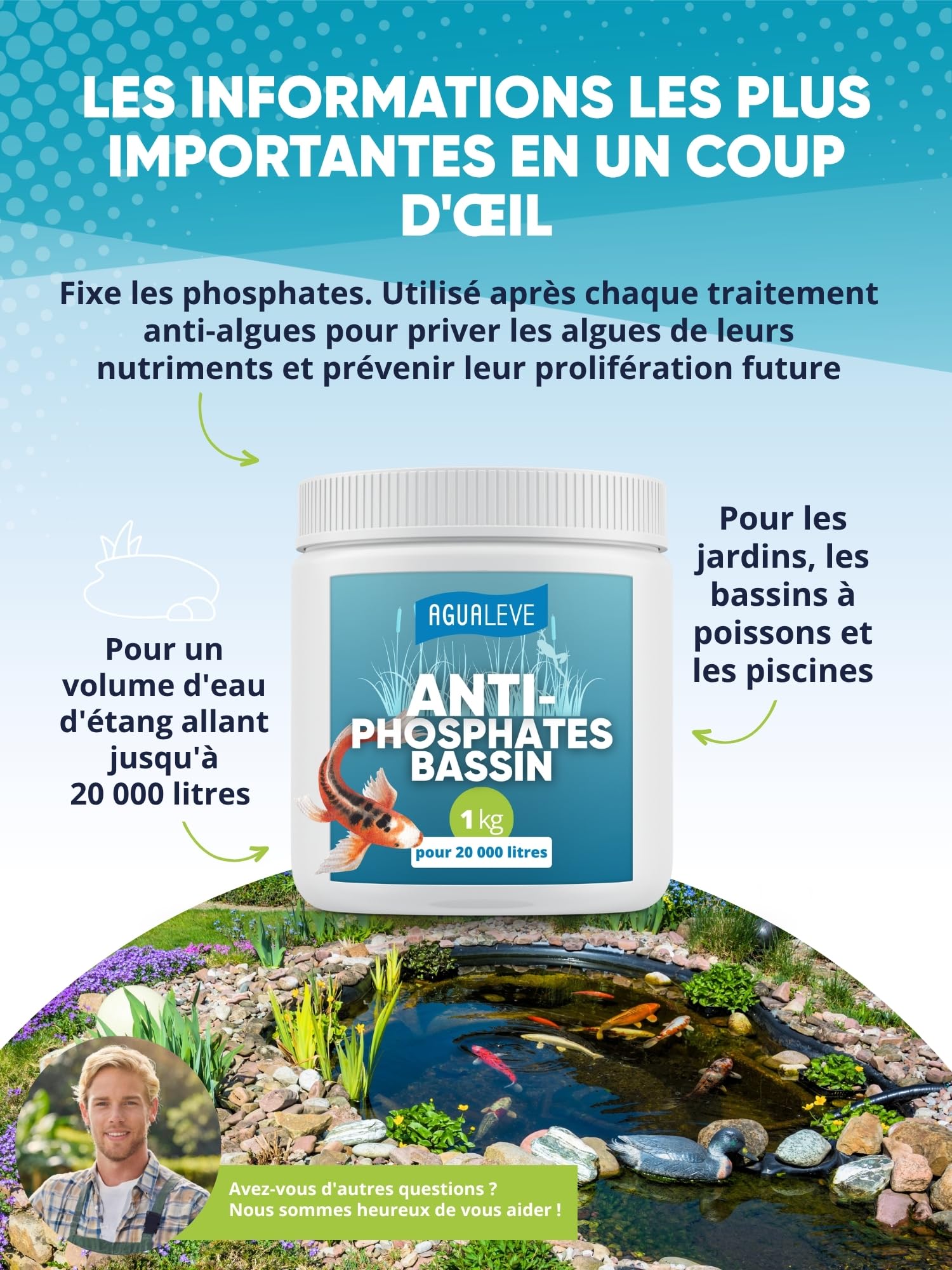 AGUALEVE® Phosstop 1 kg | lie phosphates après la lutte contre les algues et empêche ainsi la formation de nouvelles algues | pour bassins à poissons et baignade | Fabriqué en Allemagne | pour 20000 l