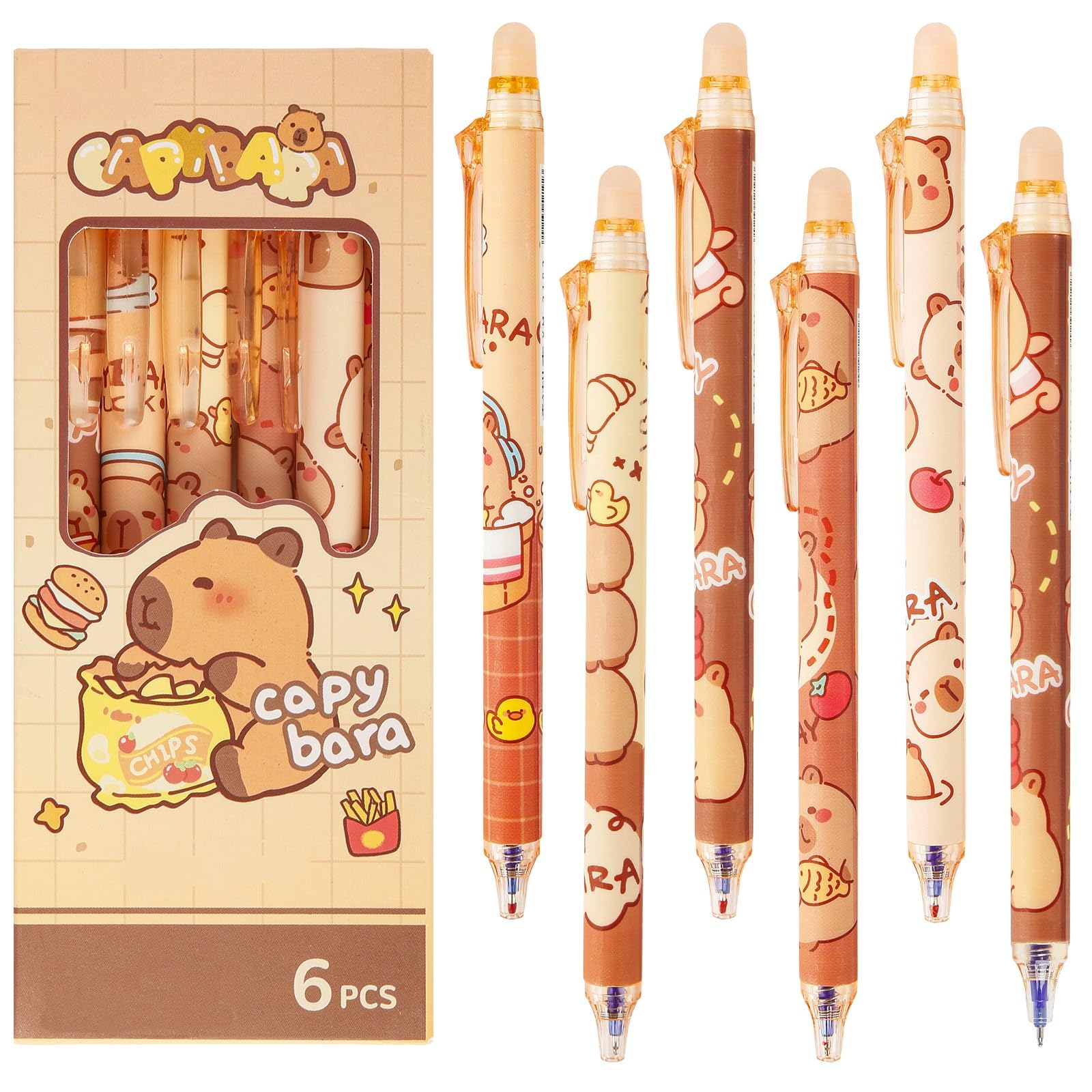 yumcute 6Pcs Capybara Erasable Gel Pens, Capybara Ballpoint Pens, Cute Capybara Retractable Pen with Black Ink, Cute Stationery for School & Office Supplies, Smooth Writing Gel Pen & Eraser Pen Set