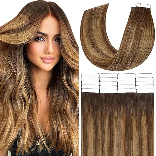 Anrosa Extensiones adhesivas de cabello humano de 24 pulgadas, color marrón chocolate a rubio fresa, reflejos con raíces de color marrón chocolate,