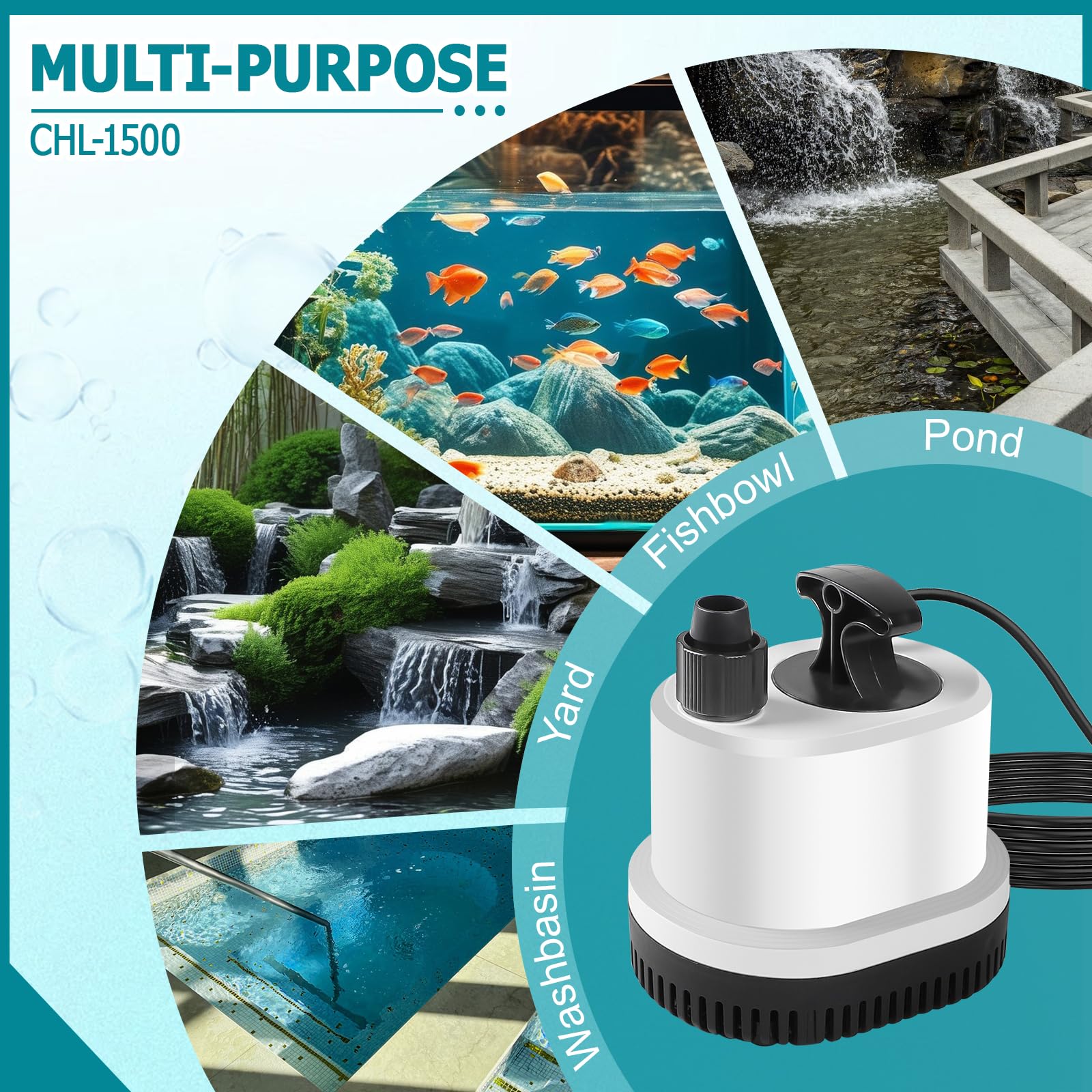 EXLECO Mini Bomba de Agua Sumergible Bomba Aguas Sucias Max.2500L/H 40W 220-240V Bomba de Estanque Ultra Silenciosa Bomaba Acuario Pequeño Bomaba Fuente con 2,3M Cable 3 Boquillas para Jardín Etanques — view 7