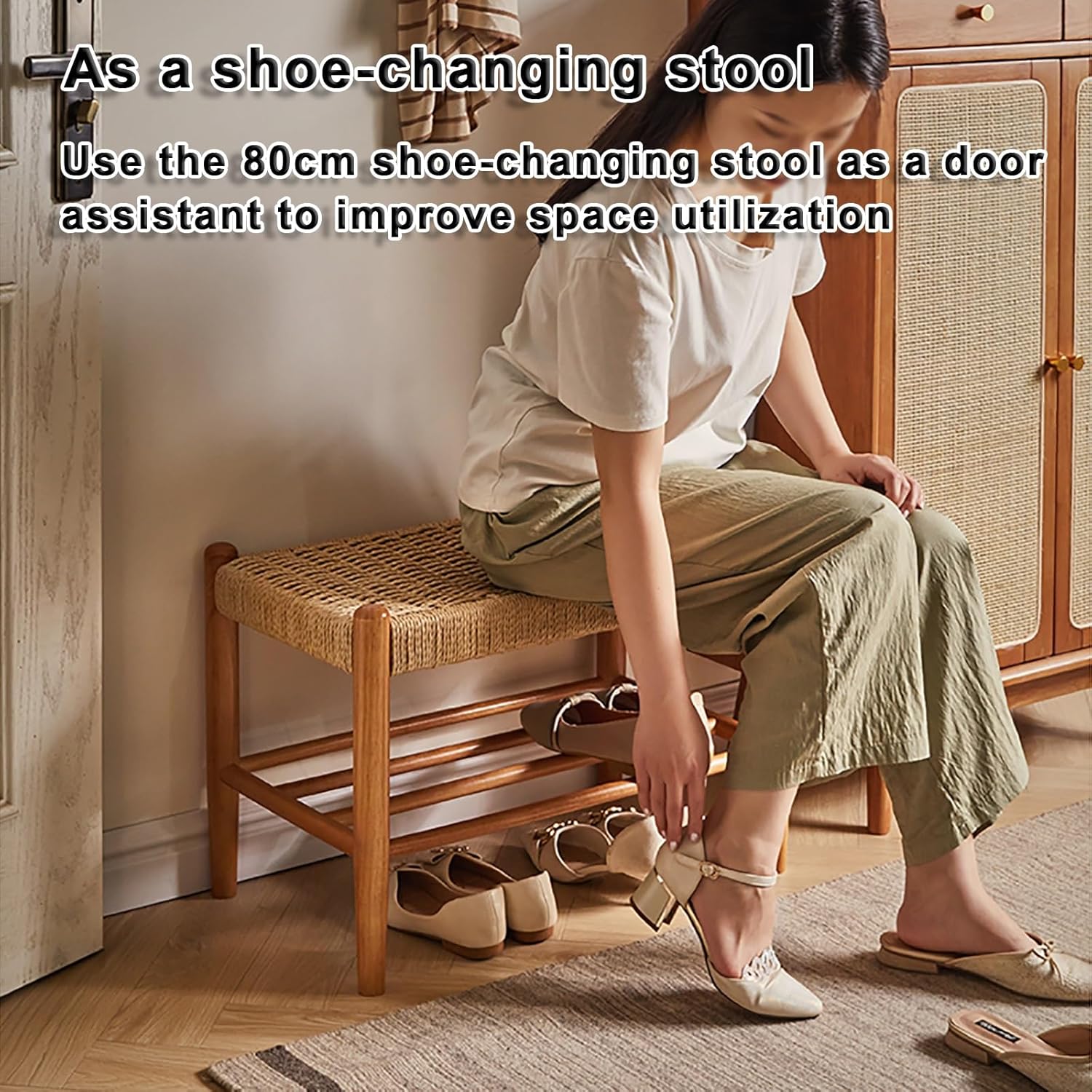 Farmhouse bench，Farmhouse Indoor Wooden Living room Dining Bench, Modern Wicker Rattan Dining Bench，Natural Wood，Versatile Indoor Furniture, for Dining Room, Living Room, Hallway, Kitchen, Entryway(10