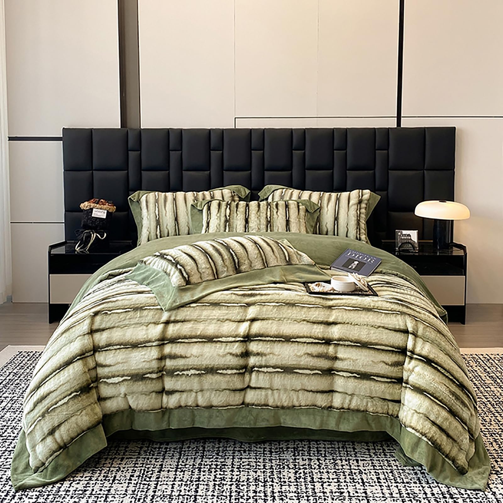 Hengqiyuan Juego de Cama Completo de 4 Piezas Juego de Funda Nórdica Doble a Rayas Funda de Edredón de Felpa Cálida para el Invierno,Verde,200x230cm