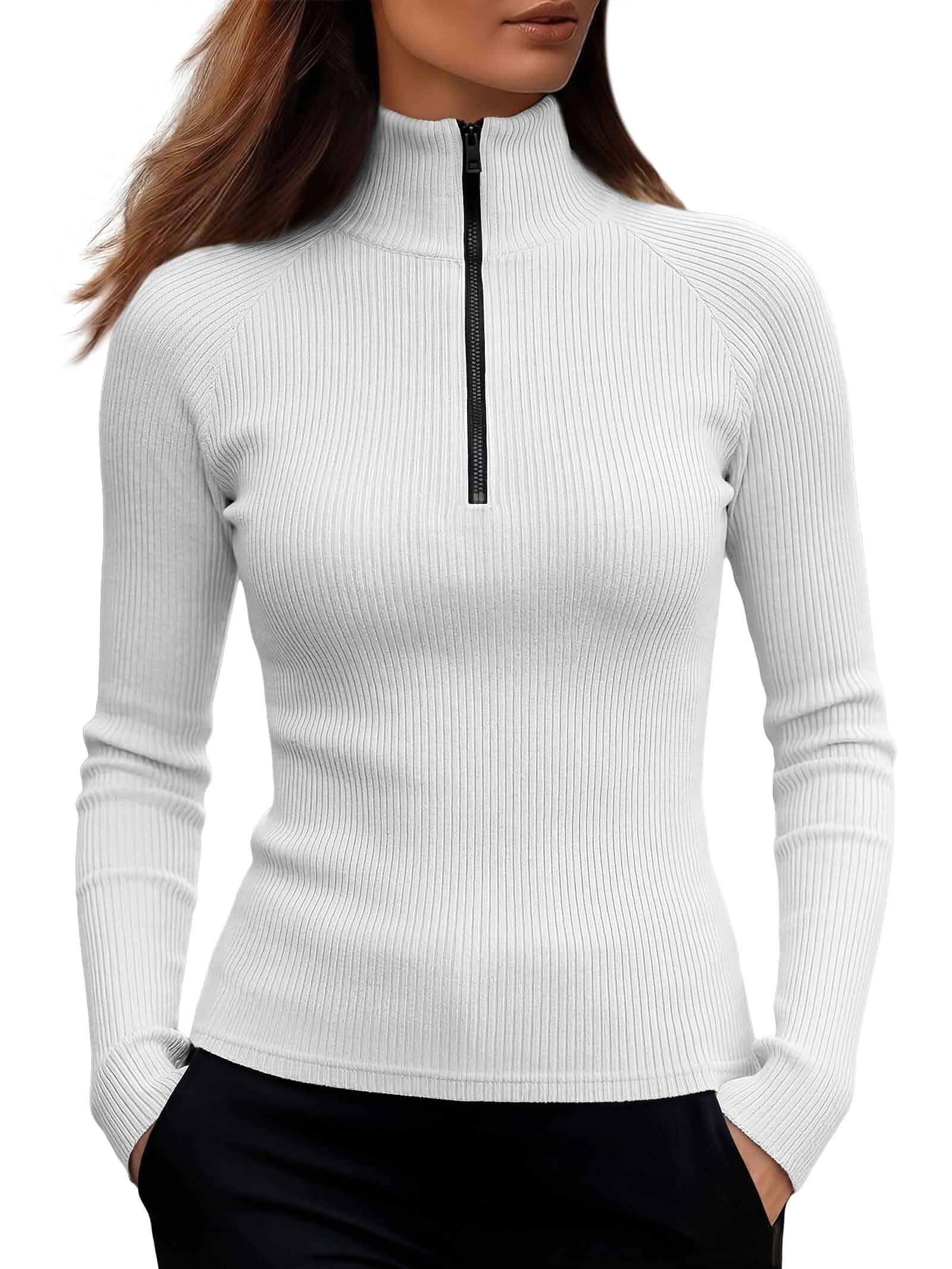 ANRABESS Long Sleeve Shirts for Women Quarter Zip Ribbed Sweater Top Slim Fitted Knit Turtleneck Tops, Comfy Lightweight Basic Tees, Casual Work & Daily Going Out, Fall Winter Layering T-Shirt