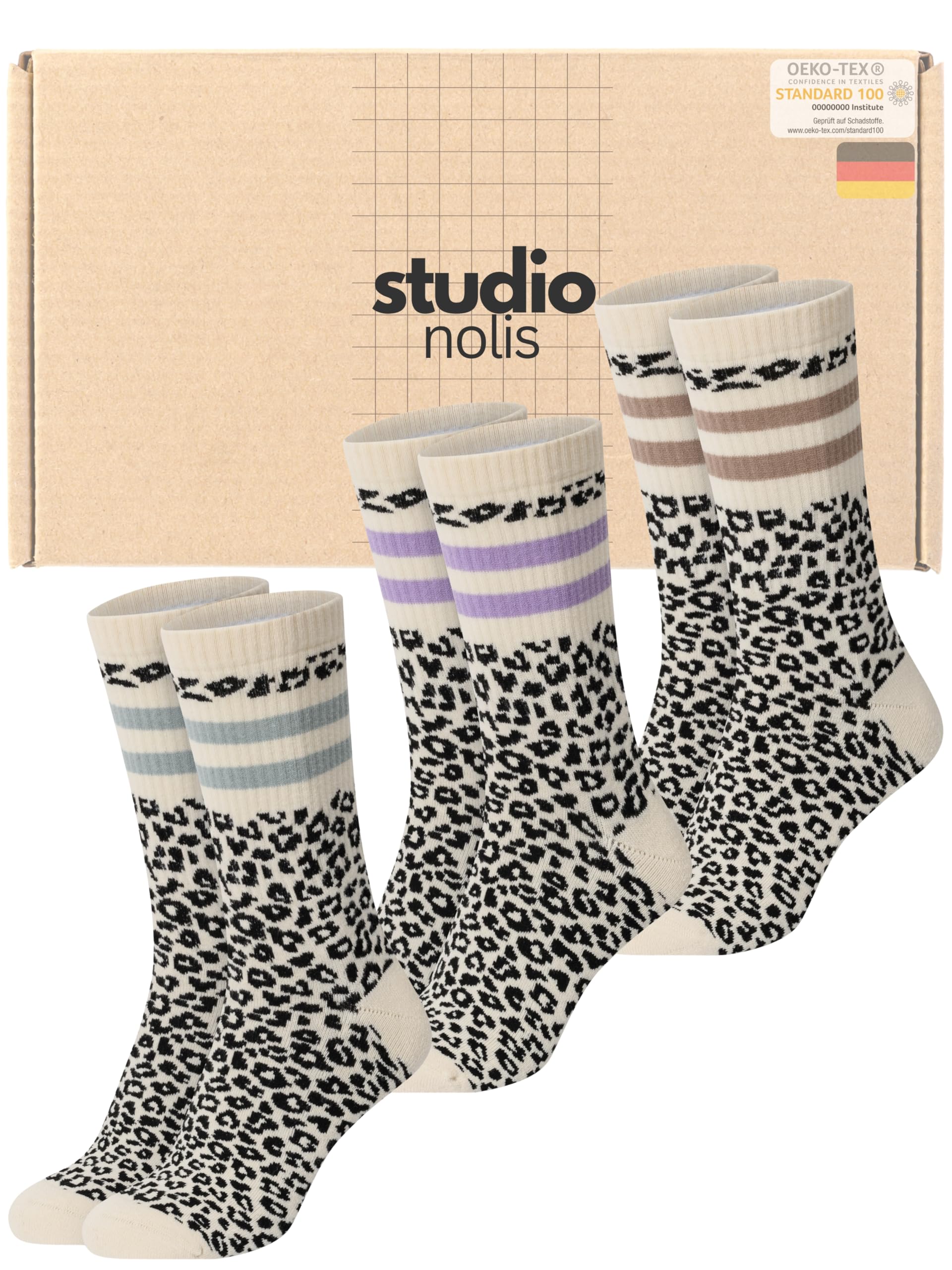 Studio Nolis Tennissocken Leo - 3er Set - Socken Damen Leo Print - Crew Socks Streifen - Leopardenmuster - Oekotex 100 Baumwolle (39-42, All Leo Soft)