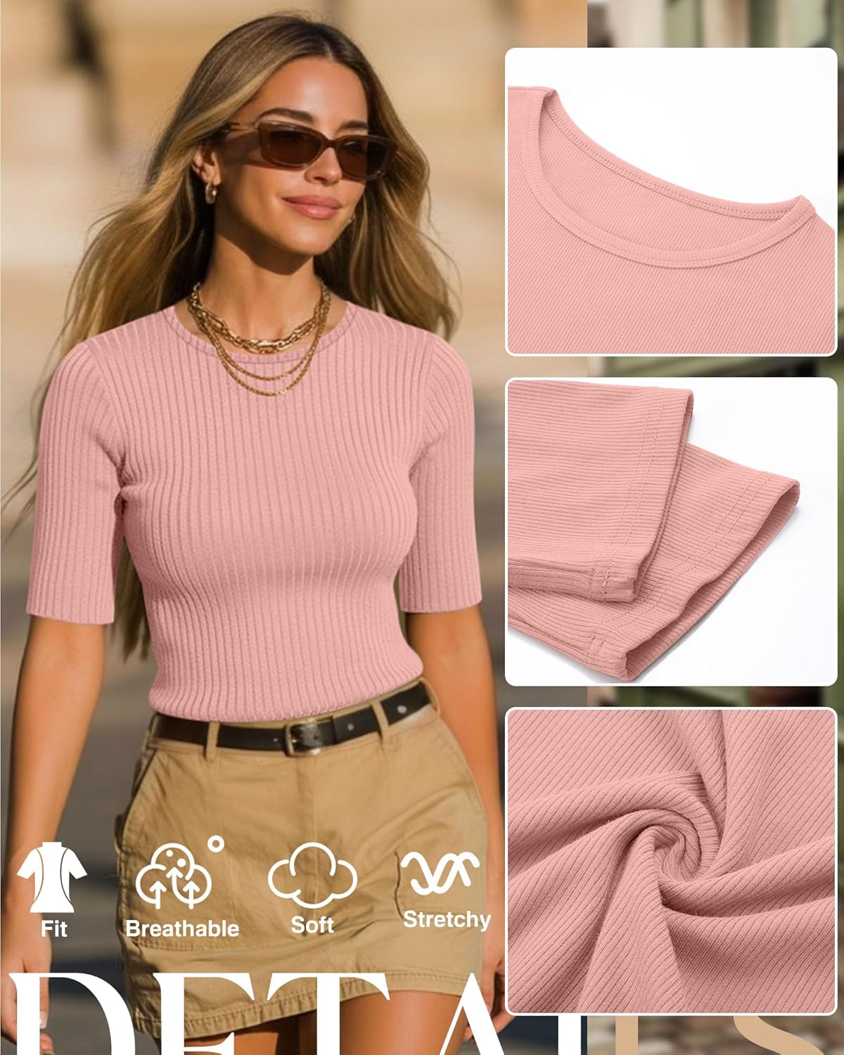 Riyiper 3 Pack Women's Half Sleeve Tops, Elbow Length Ribbed Cotton T Shirt Crew Neck Summer Tee Slim Fit Casual Blouses - Image 6