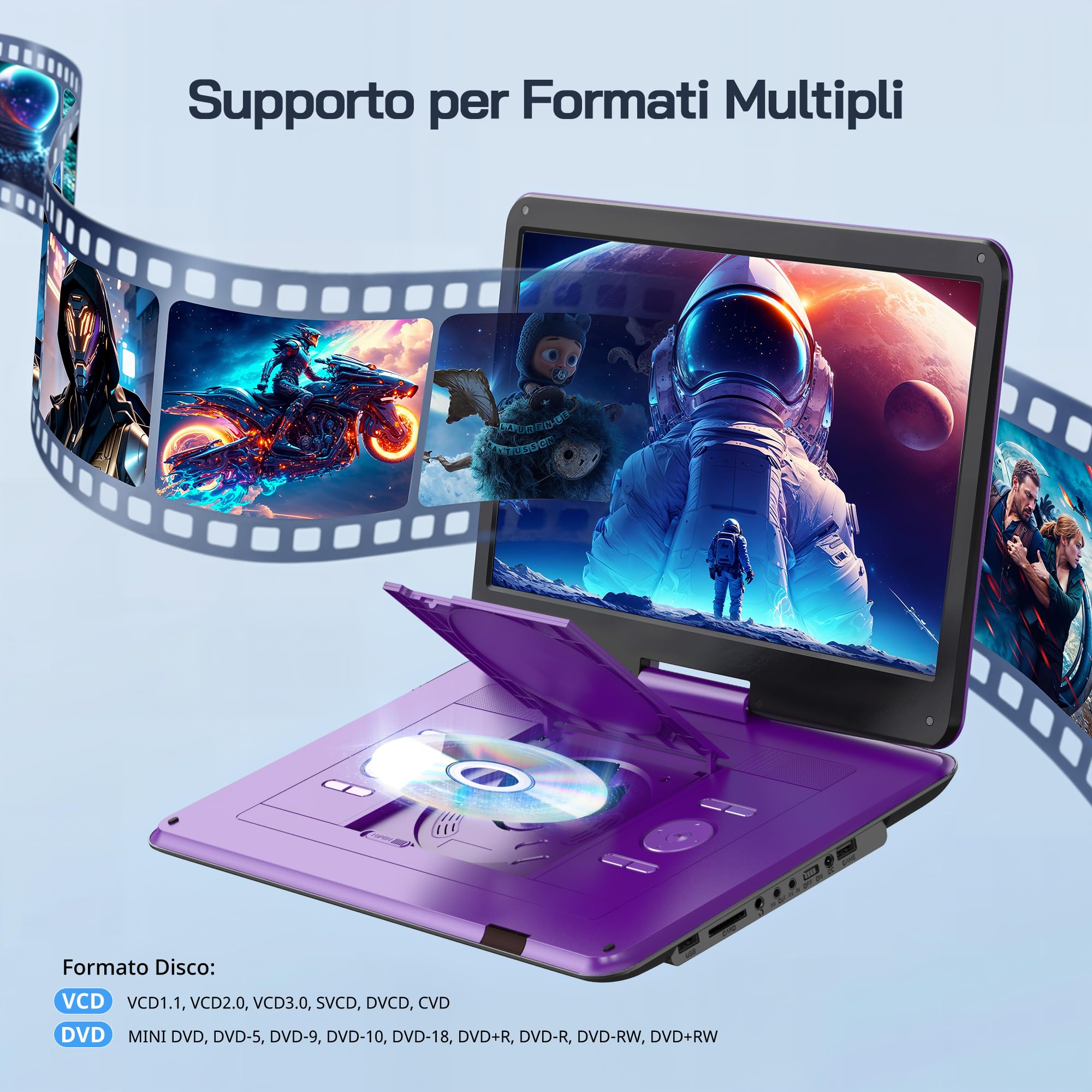 WOLFANG Lettore DVD portatile da 17,5" con display HD da 15,6", batteria da 5000 mAh, nessuna restrizione regionale, doppi altoparlanti stereo, supporto USB/SD/Sync-TV/proiettore, viola