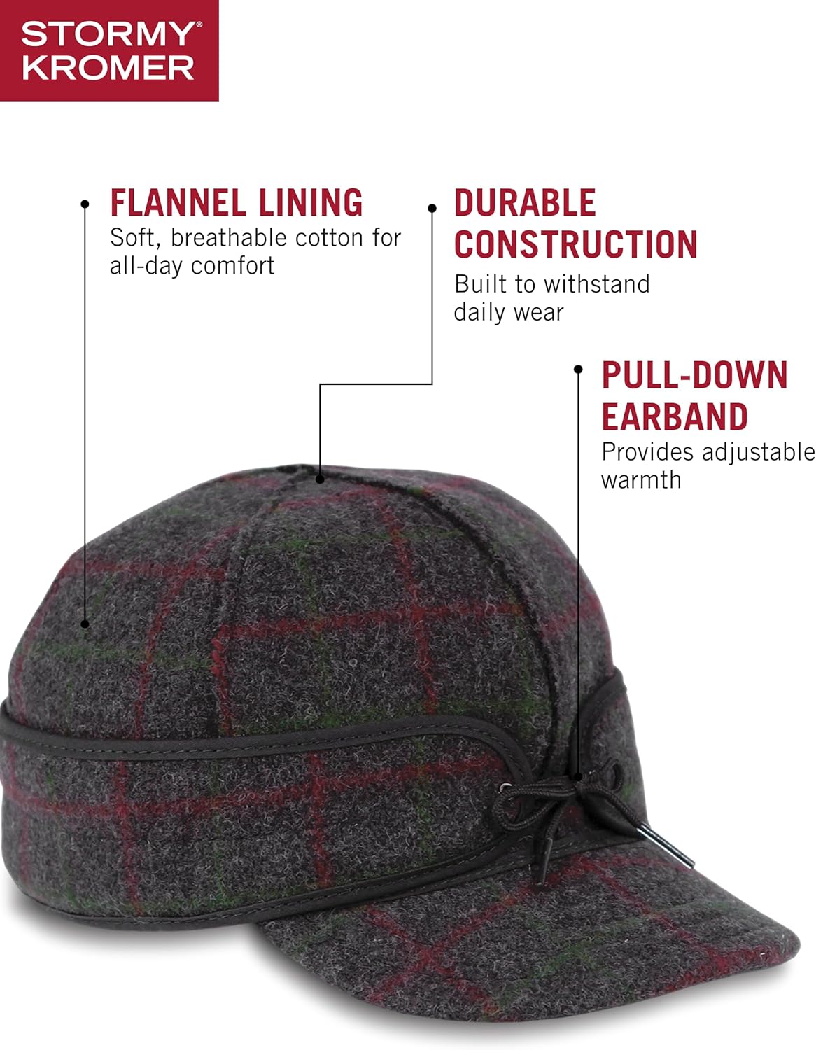 Stormy Kromer The Original Cap, Wool Blend Hat, Winter Warm Outdoor Cap for Men, Women, with Cotton Flannel Lining, Earflaps, Classic Cold Weather Gift, Adirondack Plaid, 7 5/8 - Image 4