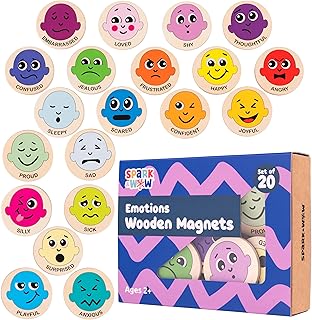 SPARK & WOW Wooden Magnets - Emotions - Set of 20 - Magnets for Kids Ages 2+ - Cute Emotion Magnets for Fridges, Whiteboards and More