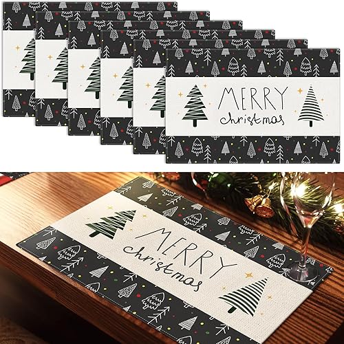NiHome Juego de 6 manteles individuales de lino con diseño de árbol de Navidad, paquete de 6, manteles individuales para mesa de comedor para fiesta