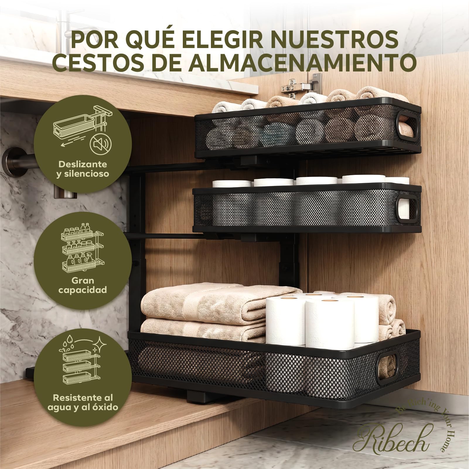 Organizador De 3 Niveles De Acero, Ajustable Y Antideslizante | Deslizamiento suave, Estructura acero, Pies antideslizantes, Compartimentos versátiles, Resistente al agua, Fácil limpieza