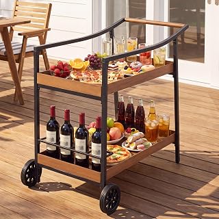 LAUSAINT HOME Bar Cart with Wheels, 2-Tier Rolling Beverage Cart with Wine Rack, Weather-Resistant Wood Grain Metal Home Serving Cart, Storage Cart for Kitchen, Patio, Poolside, Brown