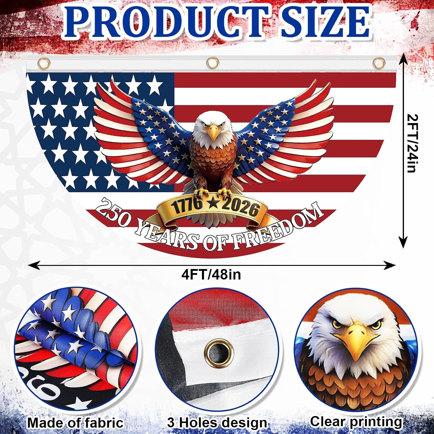 2PCS 250th Anniversary USA Bunting Flag 4x2 FT 1776-2026th Birthday American Fan Flags 250 Years of Freedom Flag Patriotic Eagle Banner 4th of July Decorations Independence Day Patriotic Memorial Day