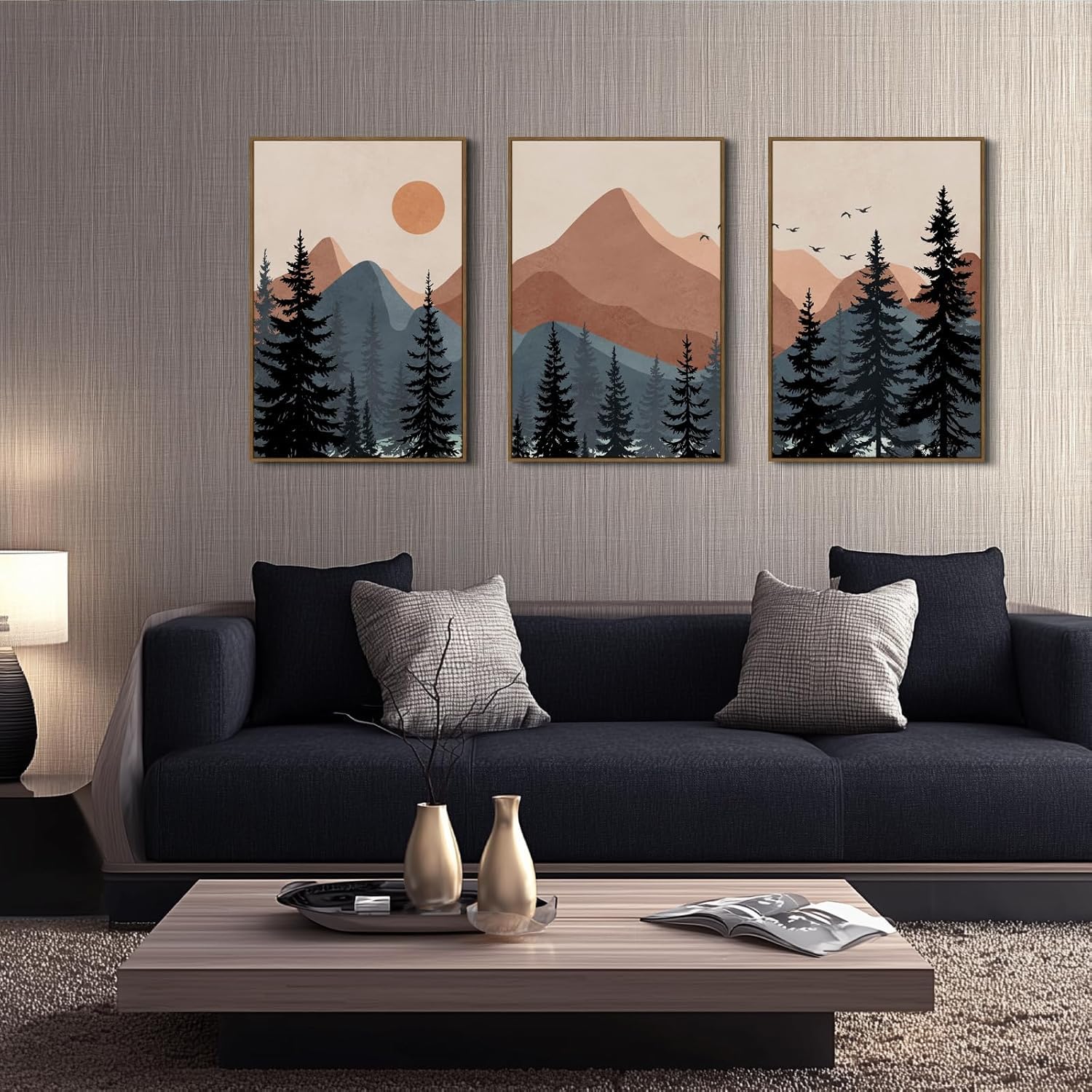 lianyibo Mid-Century Sunrise Sunrise Natural Landscape Theme Boho Wall Decorative Canvas Wall Decoration Black Pines Forest Home Decor (30x40cmx3/Inner Frame)