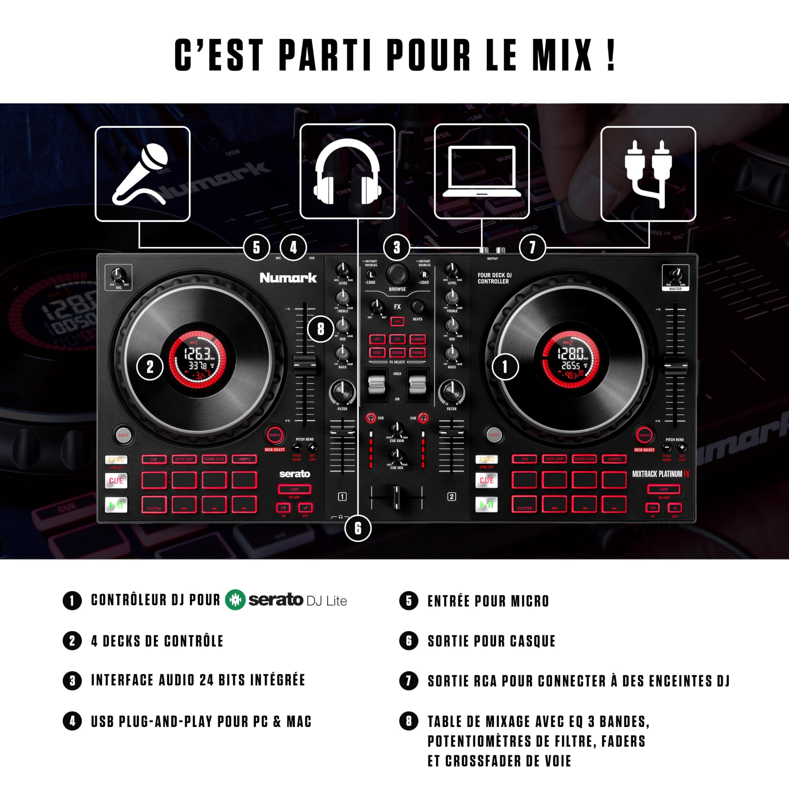 Numark Mixtrack Platinum FX - Contrôleur DJ 4 decks, table de mixage, carte son intégrée, platines DJ tactiles avec écran et large palette d'effets