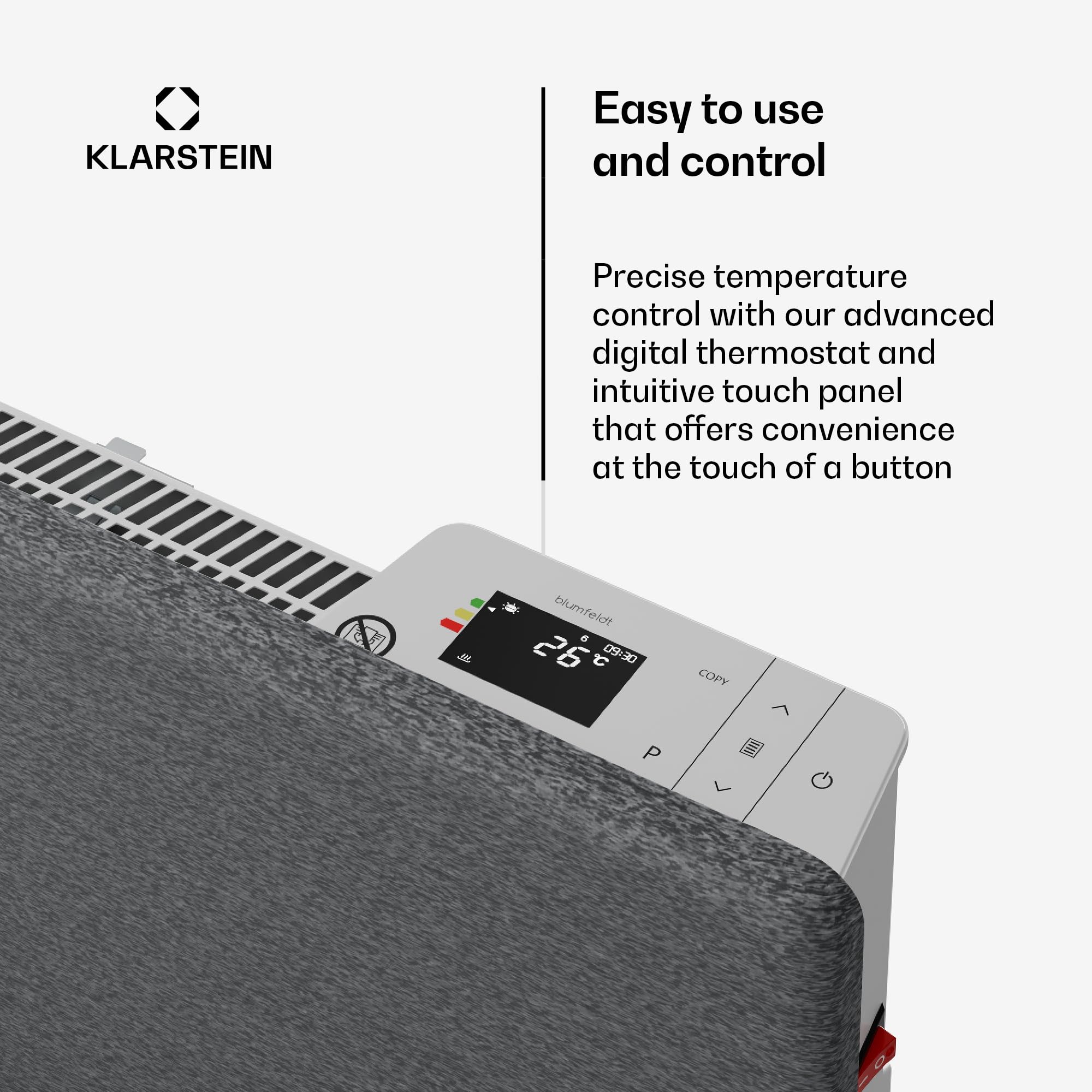 Blumfeldt Grzejnik konwektorowy, ThermaTouch - grzejnik elektryczny o mocy 2000 W, precyzyjny termostat, 24-godzinny timer, IP24, zabezpieczenie przed przegrzaniem, naścienny/wolnostojący, powierzch