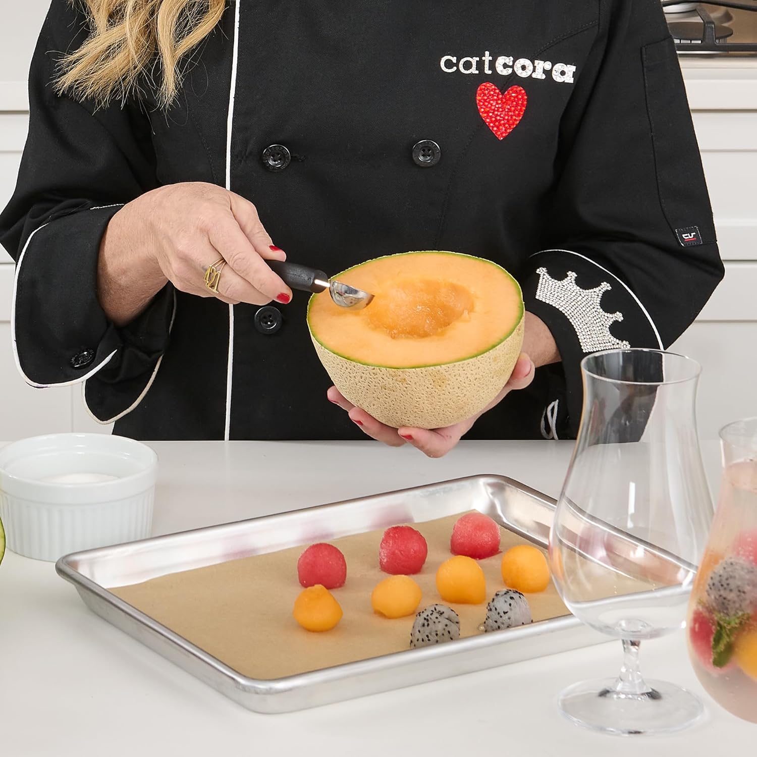 Cat Cora Melon Baller, Professional 18/8 Stainless Steel Dual Blades 22/25-Millimeter For Melon Balls and Garnishes, Ergonomic Soft-Grip Handle