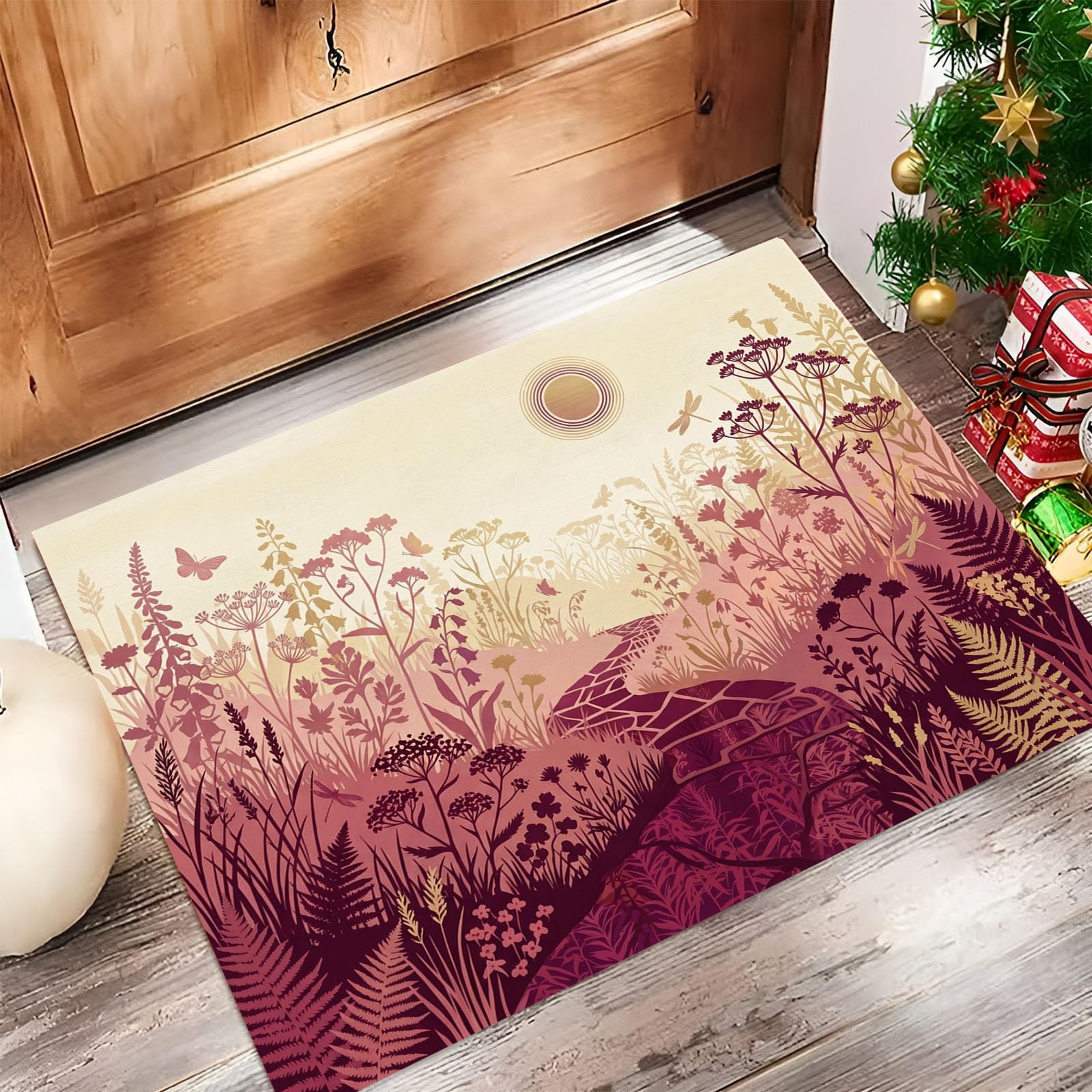 Zerbino Interni Paesaggio Vegetale Rurale 60X90Cm, Antiscivolo Lavabile, Tappeto Da Ingresso Tranquillo Sentiero Nel Giardino, Tappetino Pelo Basso Antipelo Per Porta D’Ingresso, Rosso
