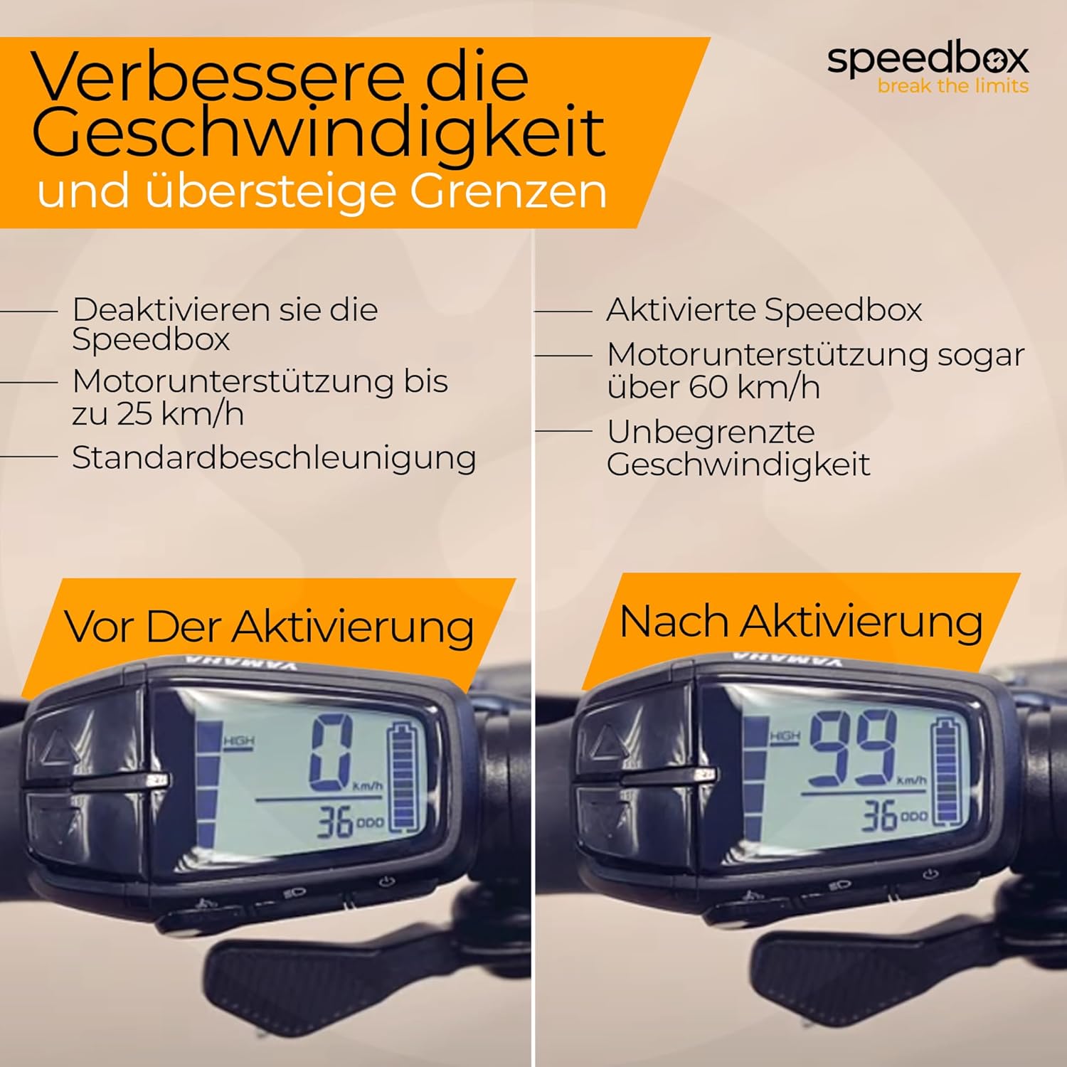 E-bike display showing SpeedBox 3.1 tuning control and various speed modes