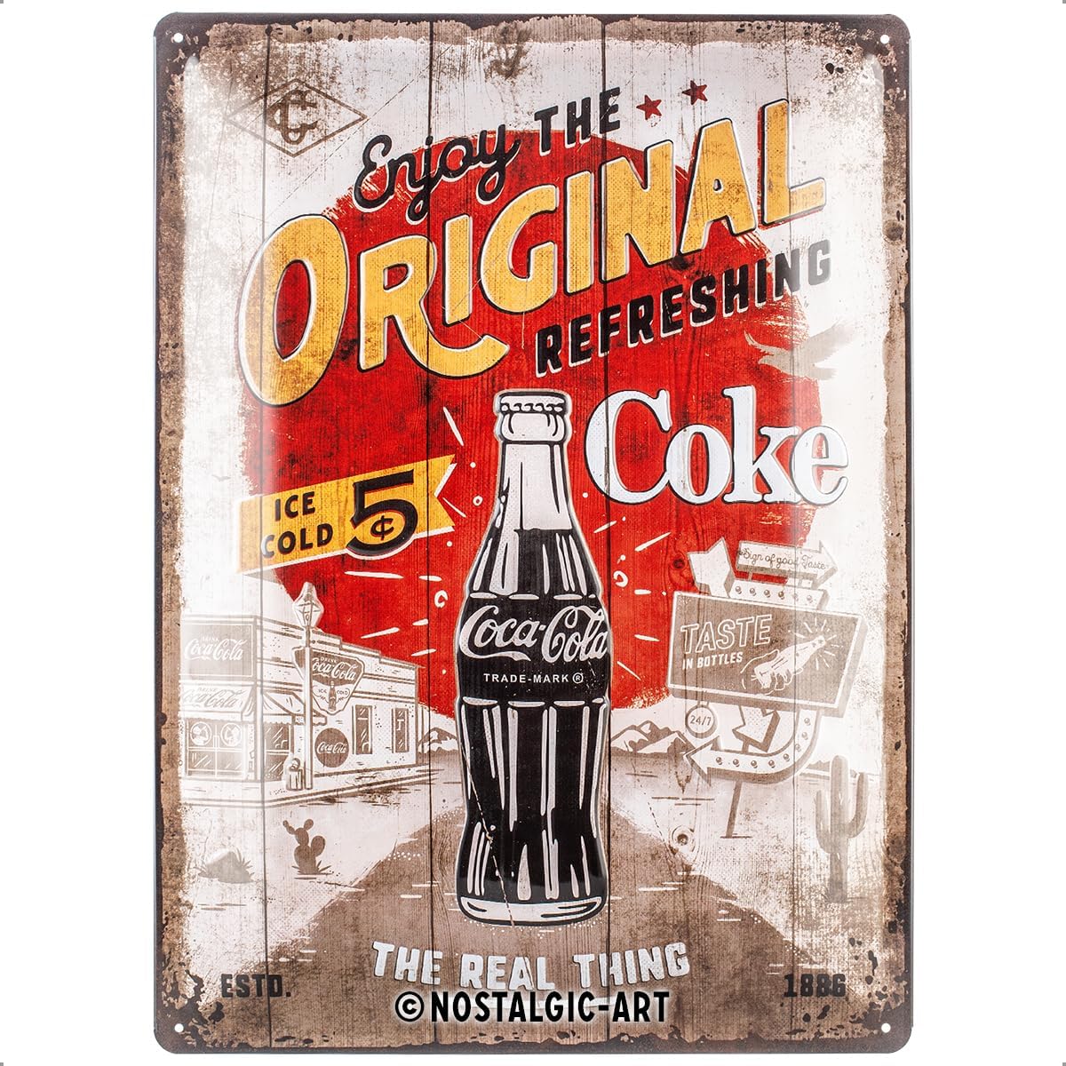 Coca-Cola-Original Coke Highway 66-Gift Idea as a Bar Accessory, Metal, Vintage Design, 30 x 40 cm