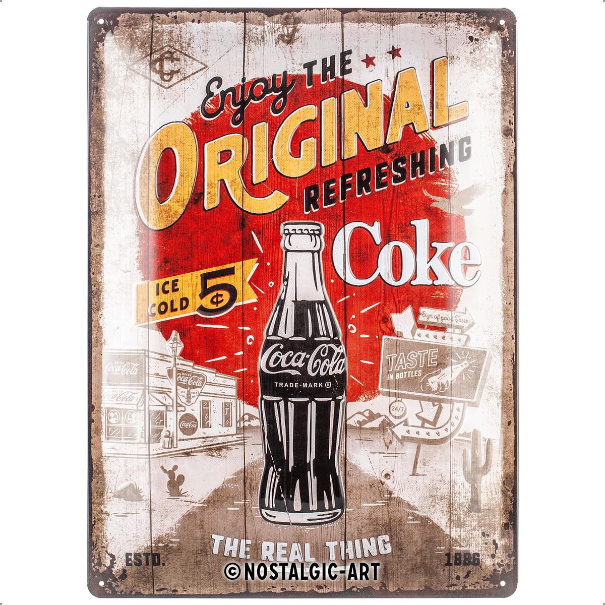 Coca-Cola-Original Coke Highway 66-Gift Idea as a Bar Accessory, Metal, Vintage Design, 30 x 40 cm