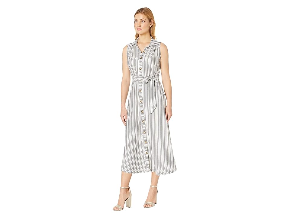 

eci Novelty Stripe with Lurex Maxi Shirtdress Ankle Length with Buttons (Grey/Ivory) Women's Dress, Brown