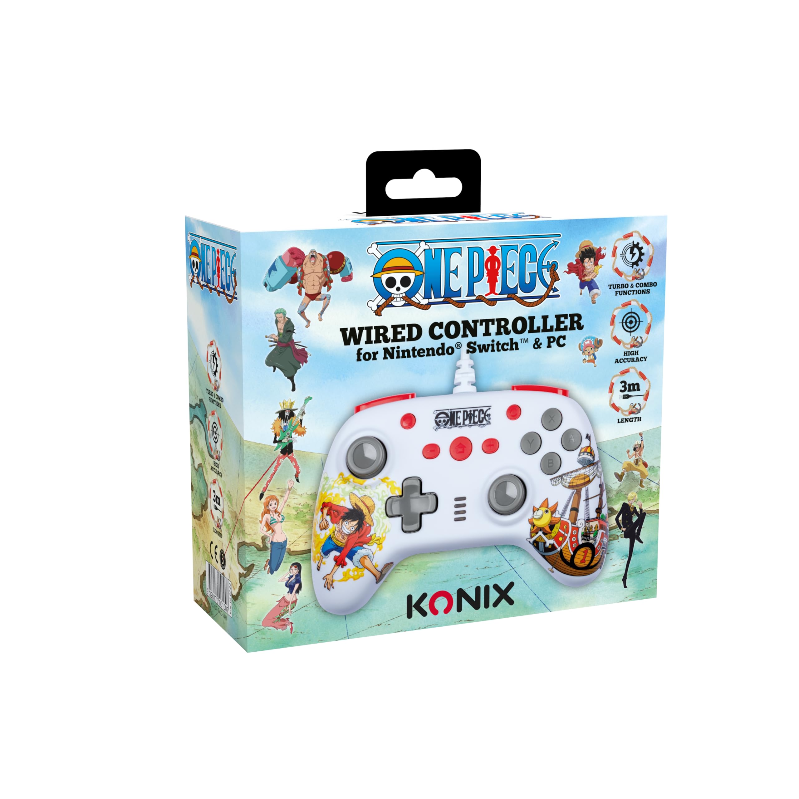 Konix One Piece Wired Controller für Nintendo Switch, OLED Switch und PC - Vibrationsfunktion - 3 m Kabel - Luffy-Motiv - Weiß