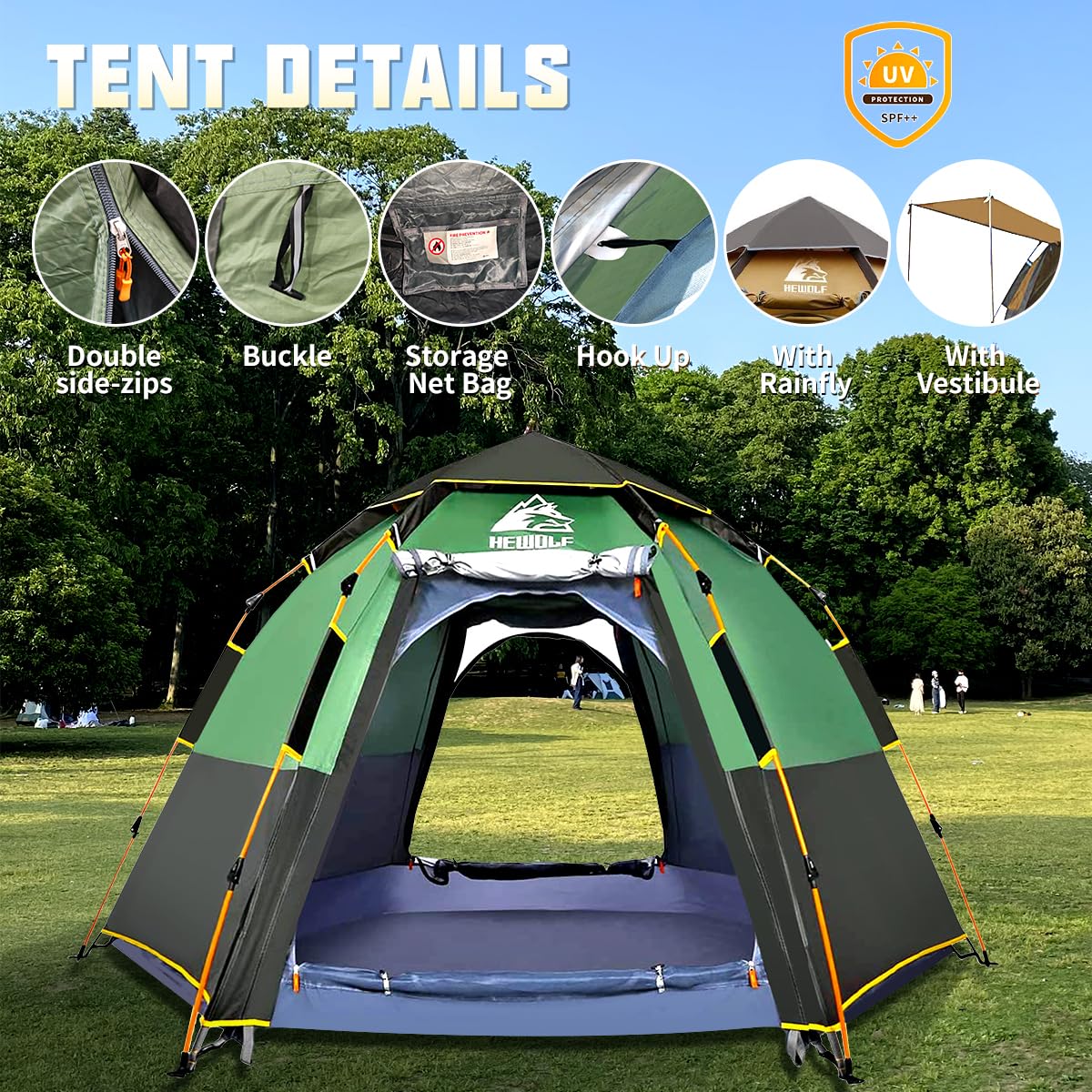 Hewolf Waterproof Instant Camping Tent - 2 3 4 Person Easy Quick Setup Dome Family Tents for Camping,Double Layer Flysheet Can be Used as Pop up Sun Shade Green Ten Instant Sports,