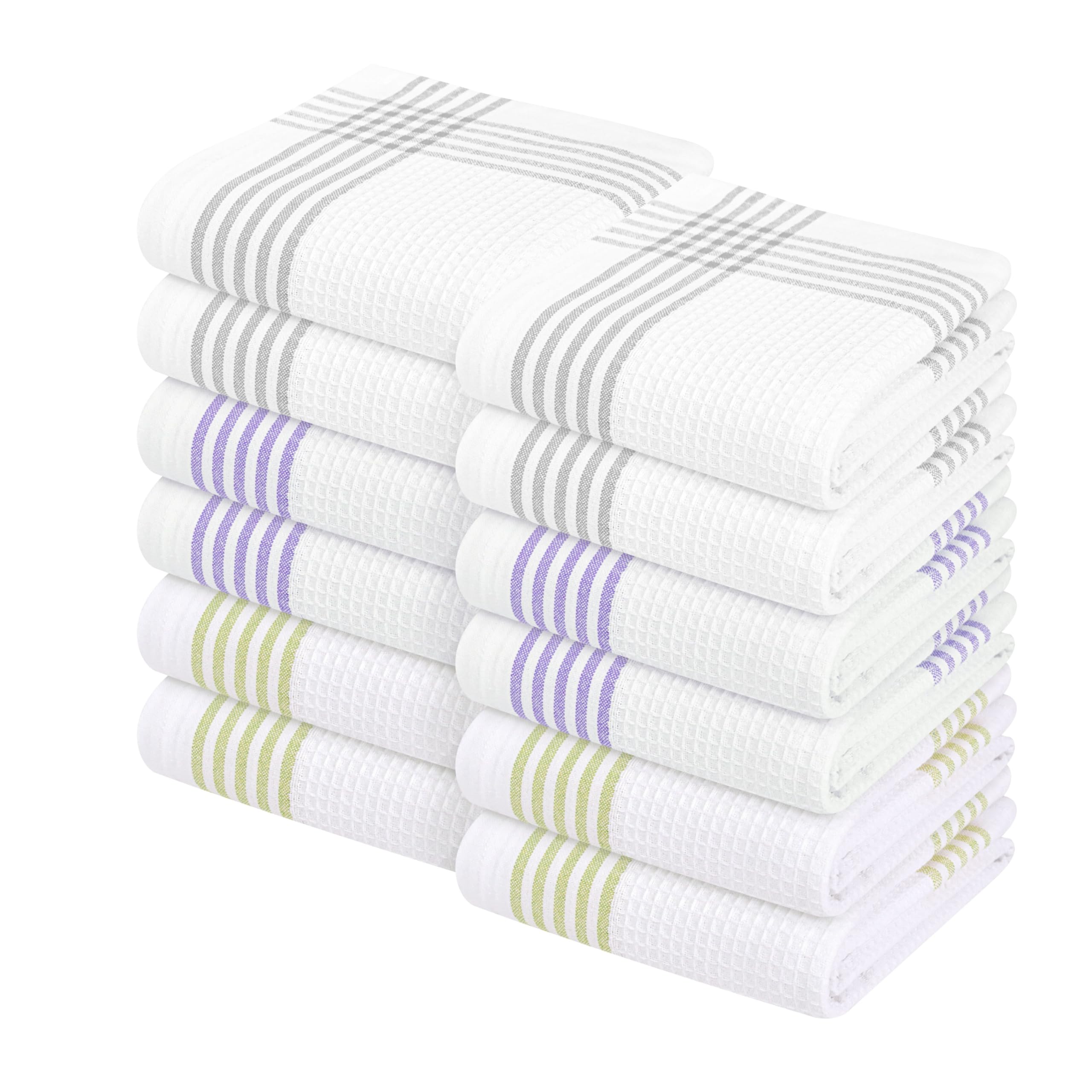 Waffle White &amp; Multi Colors Kitchen Towels 12 Pack, 100% Cotton, 16x26 inches, Durable Dish Towel, Quick Dry Dishcloths, Ideal for Drying, Wiping - Light Grey, Lavender, Lemon Green