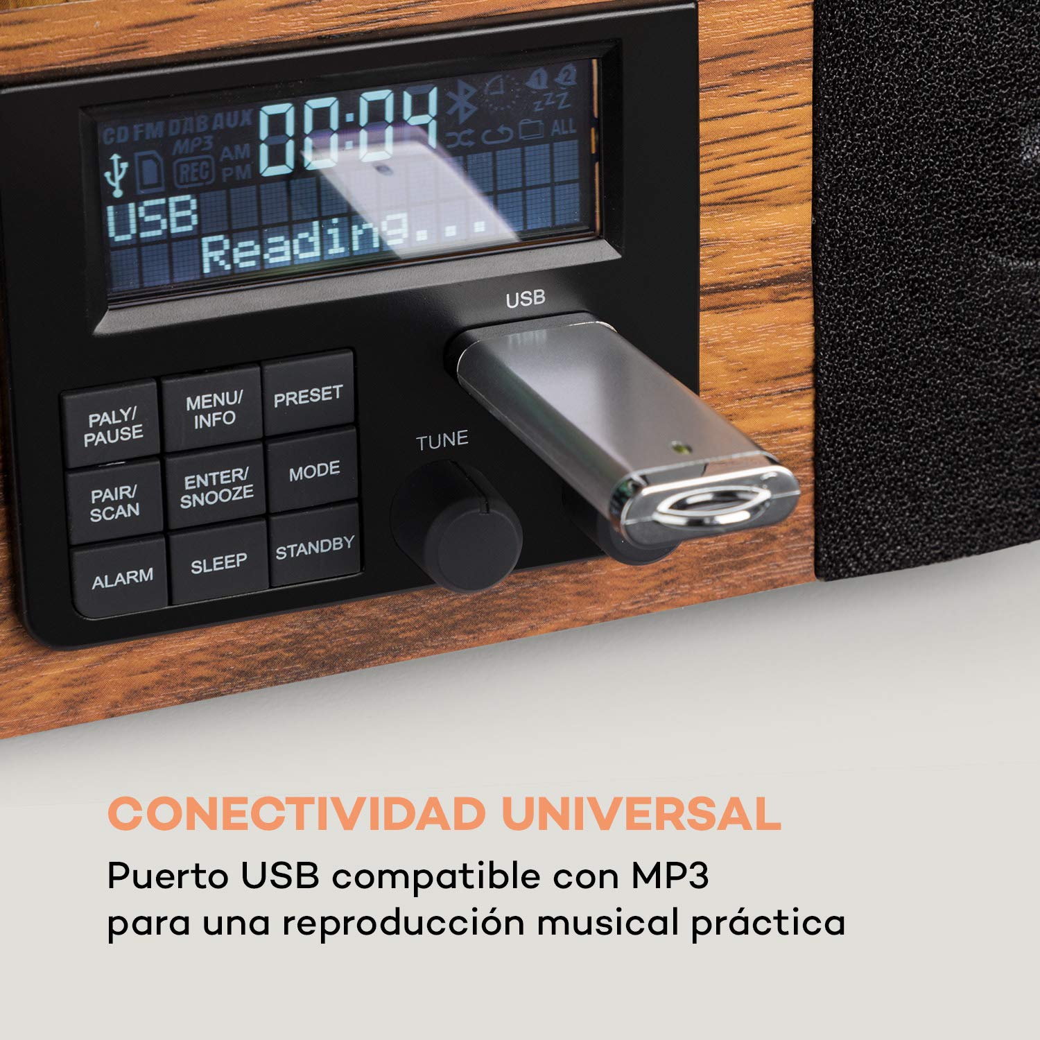 auna Verticalo SE - Reproductor de Vinilo, Tocadiscos con Altavoces estéreo, Tocadiscos de Vinilo con Bluetooth, Reproducción: 33, 45 y 78 RPM, USB, MP3, Entrada de línea, Sintonizador Dab+, Madera