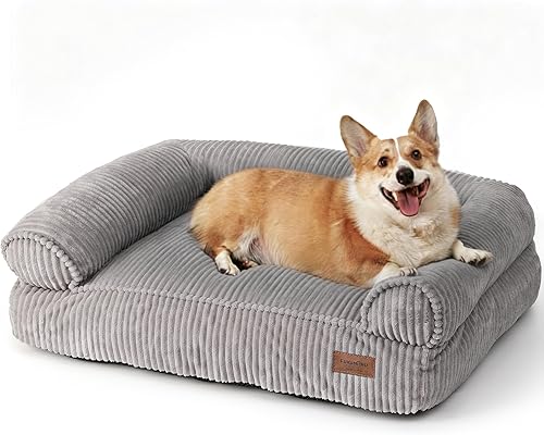 Miniatura 12 de FUKUMARU Sofá cama para perros, acogedora cama de pana para gatos de interior con funda lavable, cama ortopédica impermeable de 28 pulgadas para