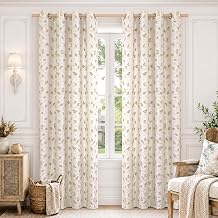 BGment Jacquard Linen Curtains for Living Room 84 inches Long - 2 Panels | Beige Boho Leaf Botanical Pattern, Light Filtering, Rustic Farmhouse, Tufted Pom Pom, Grommet Window Drapes, 52 x 84 Inch