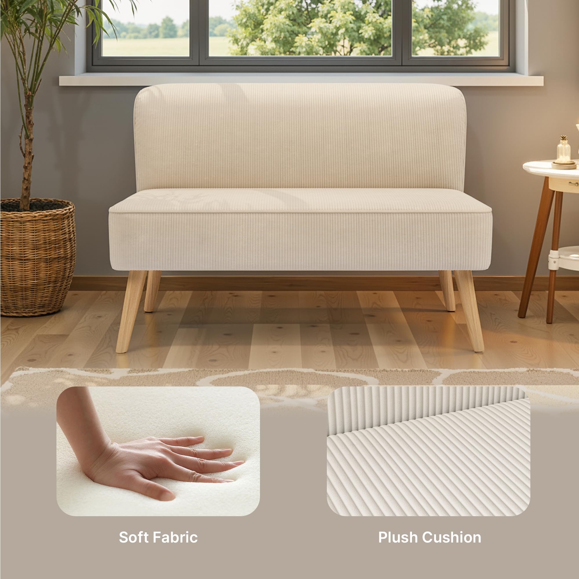Divano a 2 posti, piccolo loveseat con rivestimento effetto velluto a coste, divano compatto salvaspazio per camera da letto, soggiorno, appartamento, 117x56x76cm,Bianco