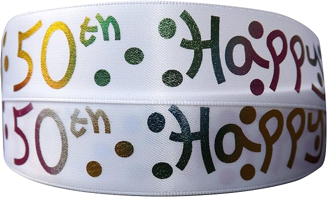 Luxury Double Faced Satin 2m x 25mm Happy 50th Birthday Ribbon for CAKE'S Birthday Cakes Gift WRAP Wrapping Ribbon Cards Birthday Decorations Craft