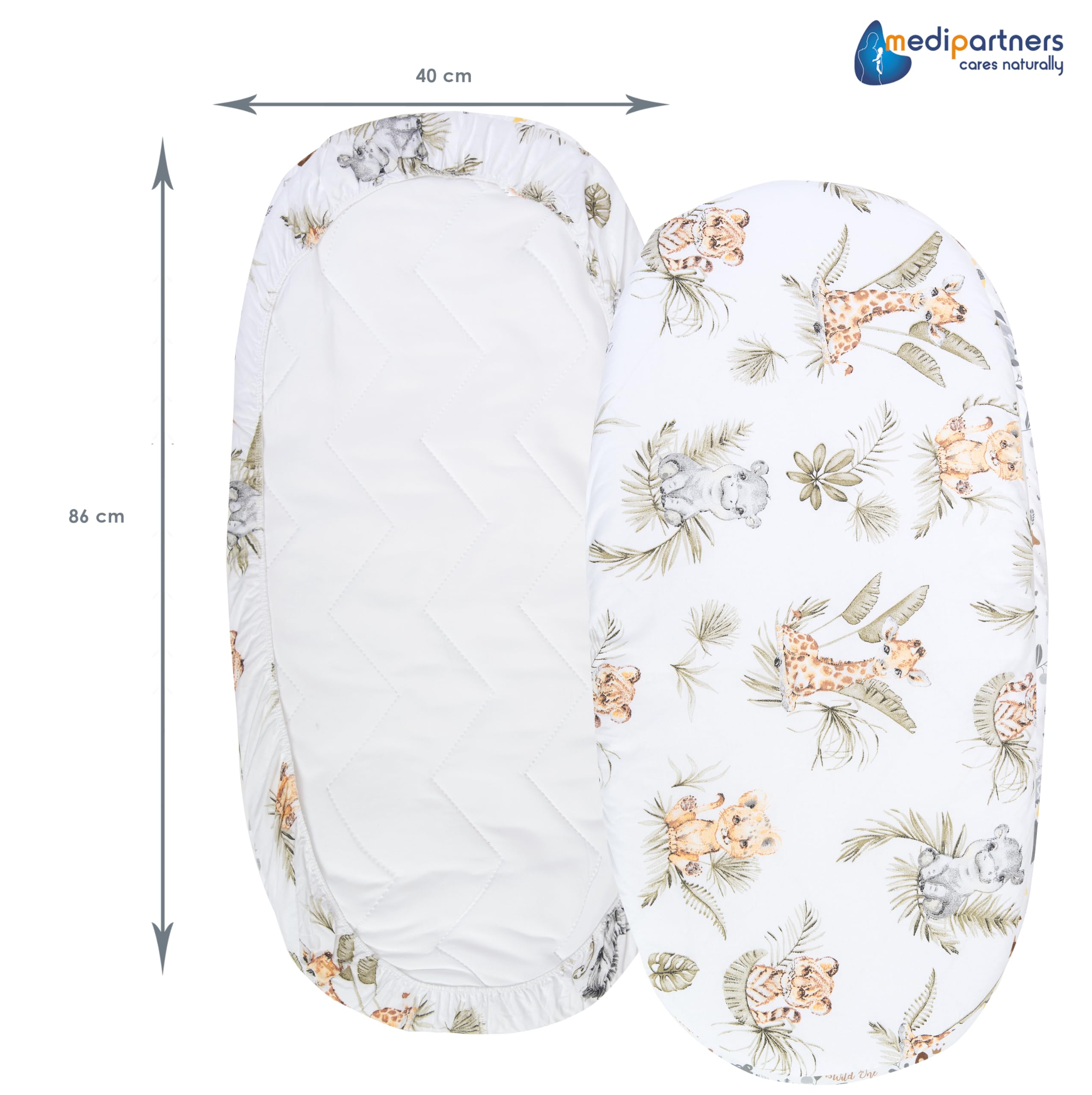 Medi Partners Set of 3 pcs. Fitted Sheet Pram 86 x 40 cm 100% Cotton Mattress Protector Baby, Safari-white-grey, Three pack - Image 4