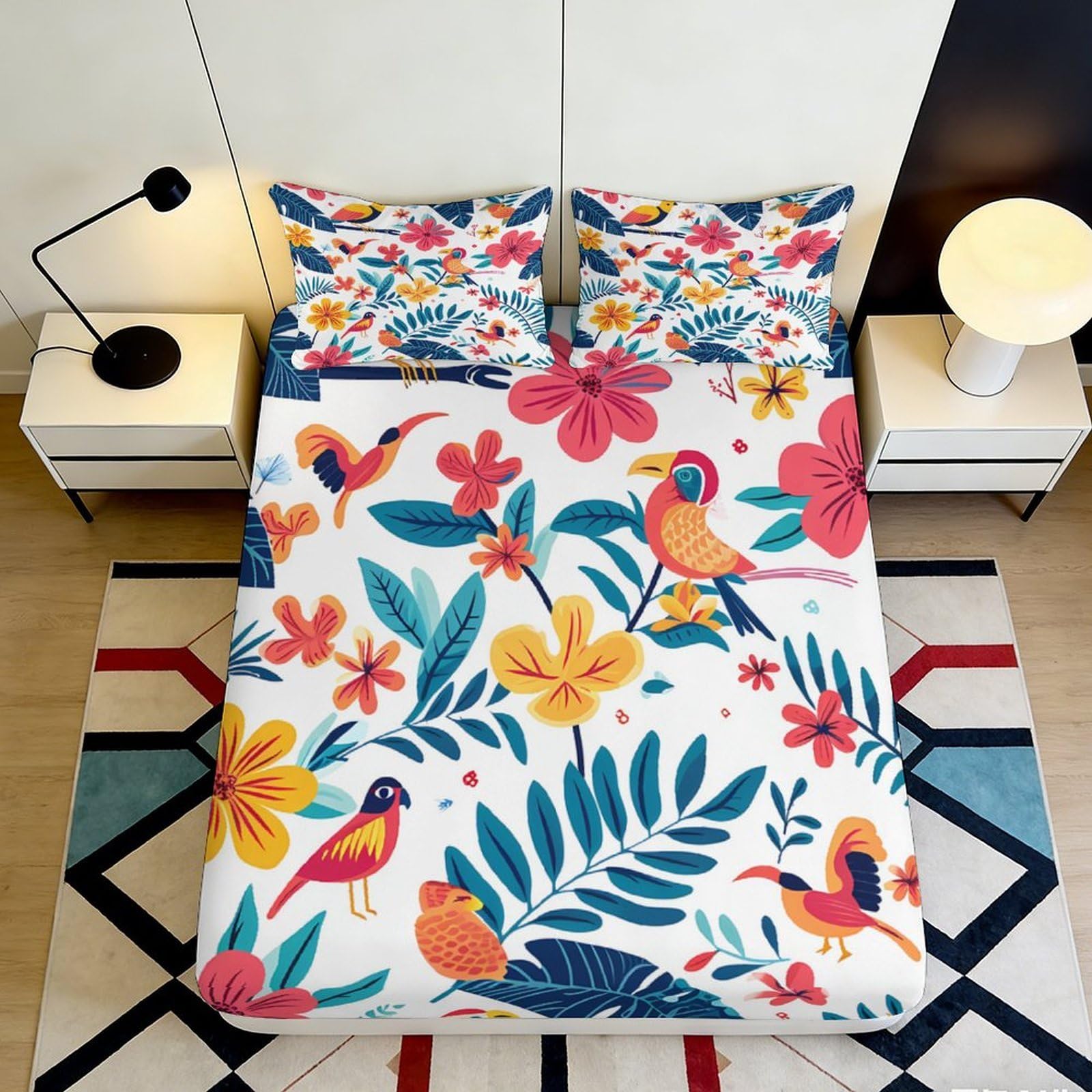 3D Printed Tropical Bird Fitted Sheet Microfiber Vibrant Floral Mattress Cover Slip-Resistant for Bedroom Guestroom 90x200x25cm
