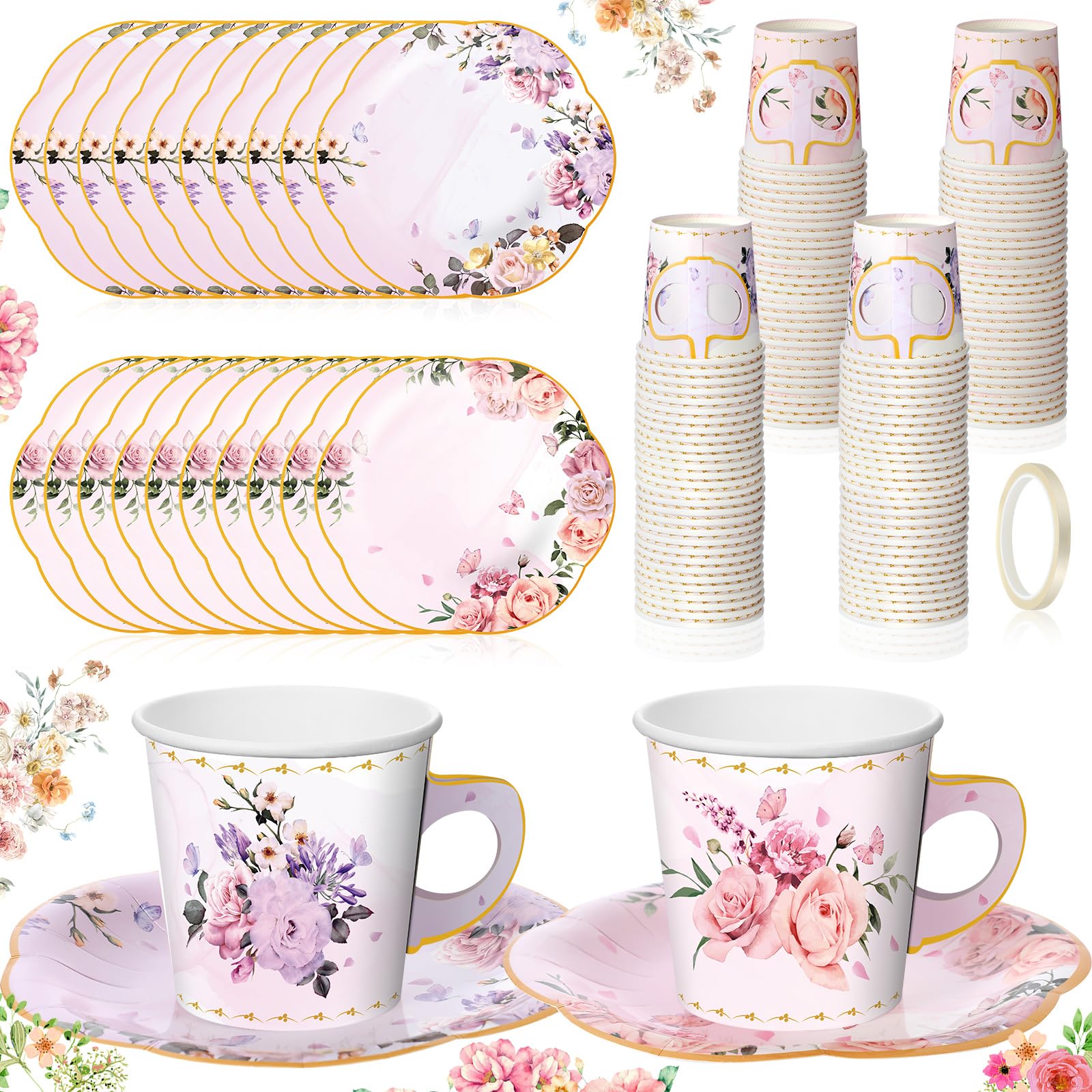 Tea Party Decorations 6.5oz Floral Paper Tea Cups with Handle and Plates Disposable Blossom Teacups and Saucers Sets with Tape for Hot Cold Drink Birthday (Elegant Style,36 Sets)