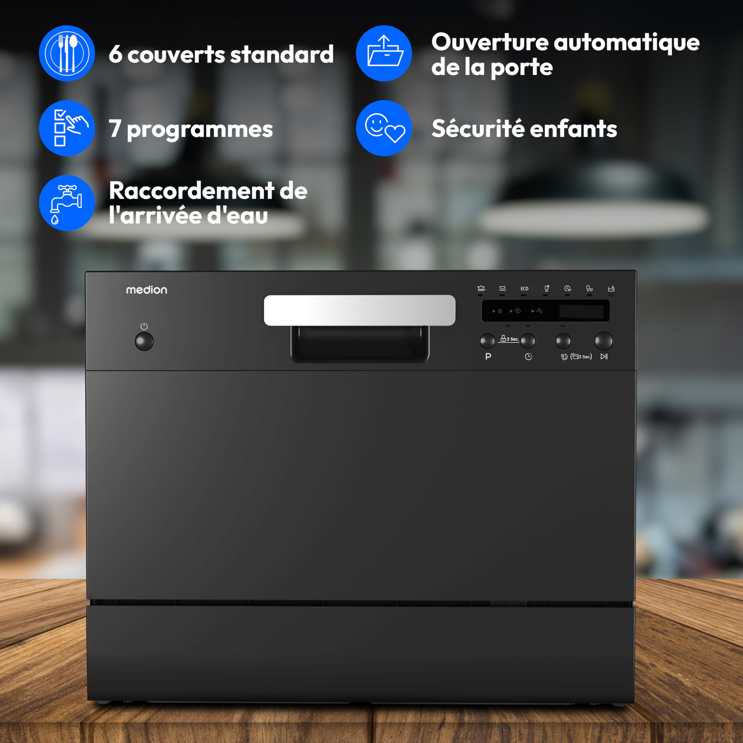 MEDION Lave-vaisselle de table DWT 60 (capacité 6 couverts, 7 programmes, affichage LED, 47 dB, MD37496), noir