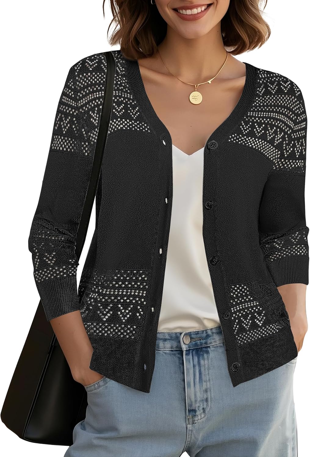 Urban CoCo Women's V-Neck Boho Crochet Cardigan 2025 Summer Lightweight 3/4 Sleeve Open Front Button Down Cover Up