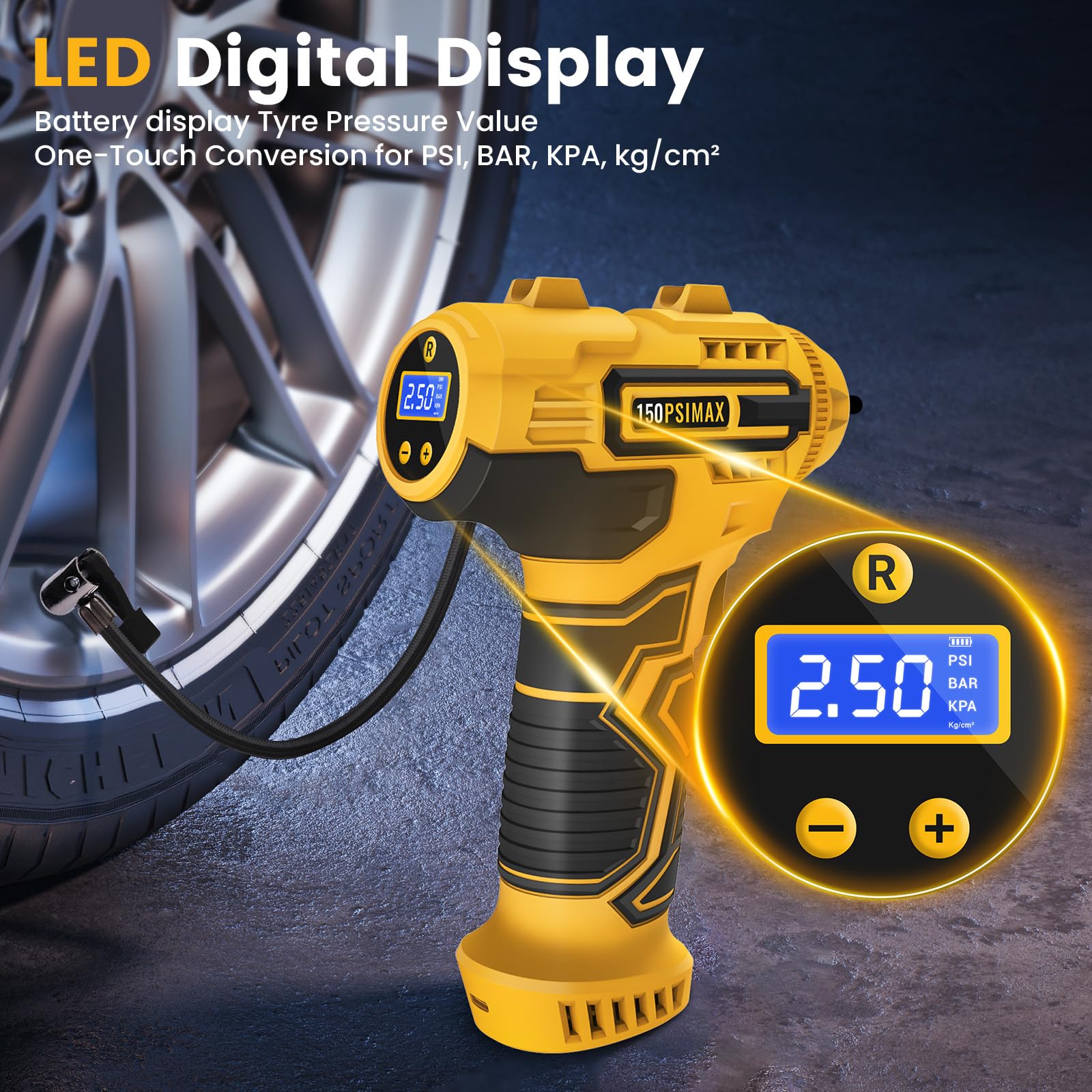 Skeufy Autoreifenfüller Luftkompressor, Tragbare Kabellose Reifenpumpe, 150psi Handheld Autoreifenpumpe mit LED-Licht, USB Wiederaufladbarer Akku, 3 Düsen, Elektrische Luftpumpe für Auto, Motorrad