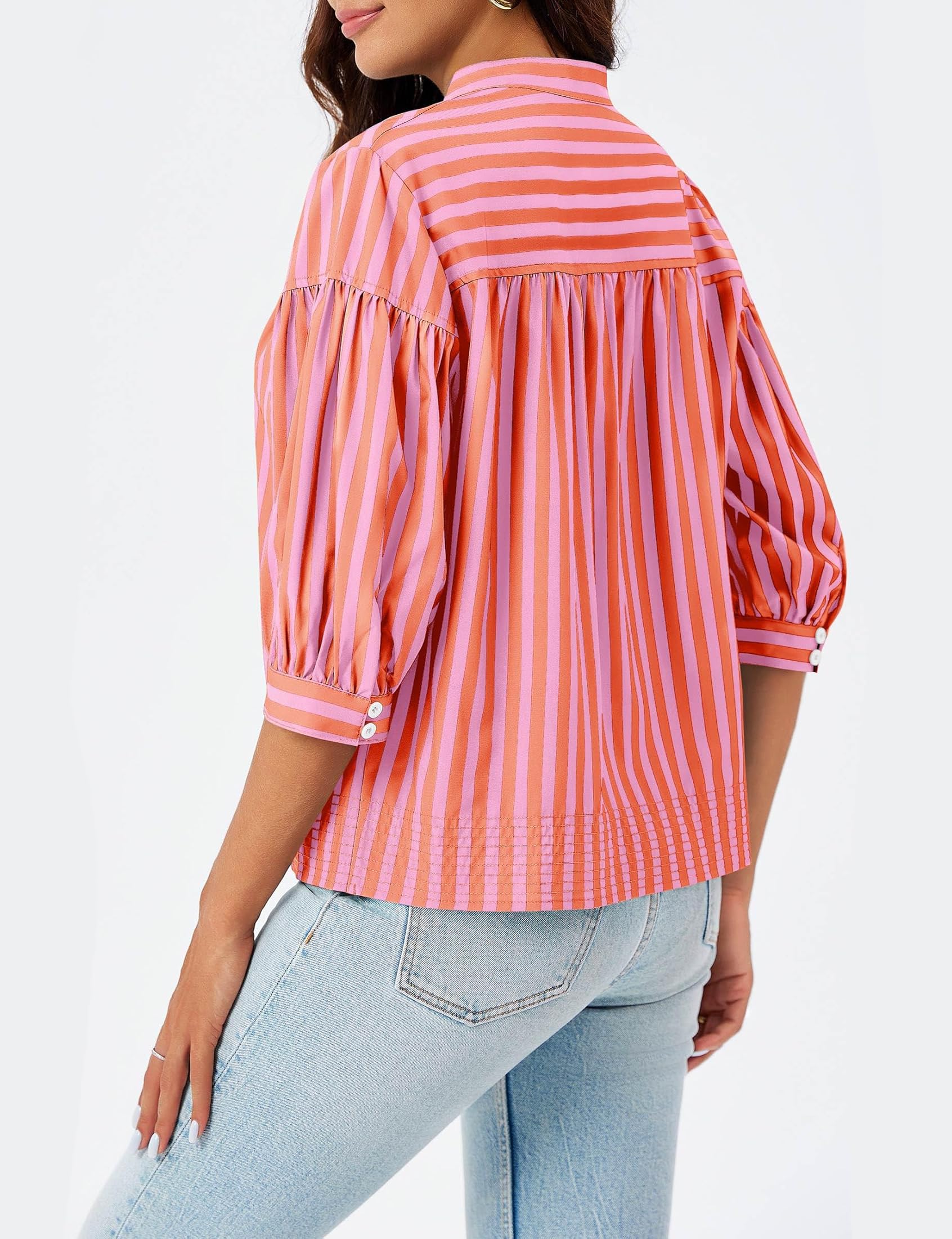 Blusa de manga corta abombada para mujer, a rayas, cuello en V, para verano, negocios, casual, lindo, babydoll, bohemio, holgada
