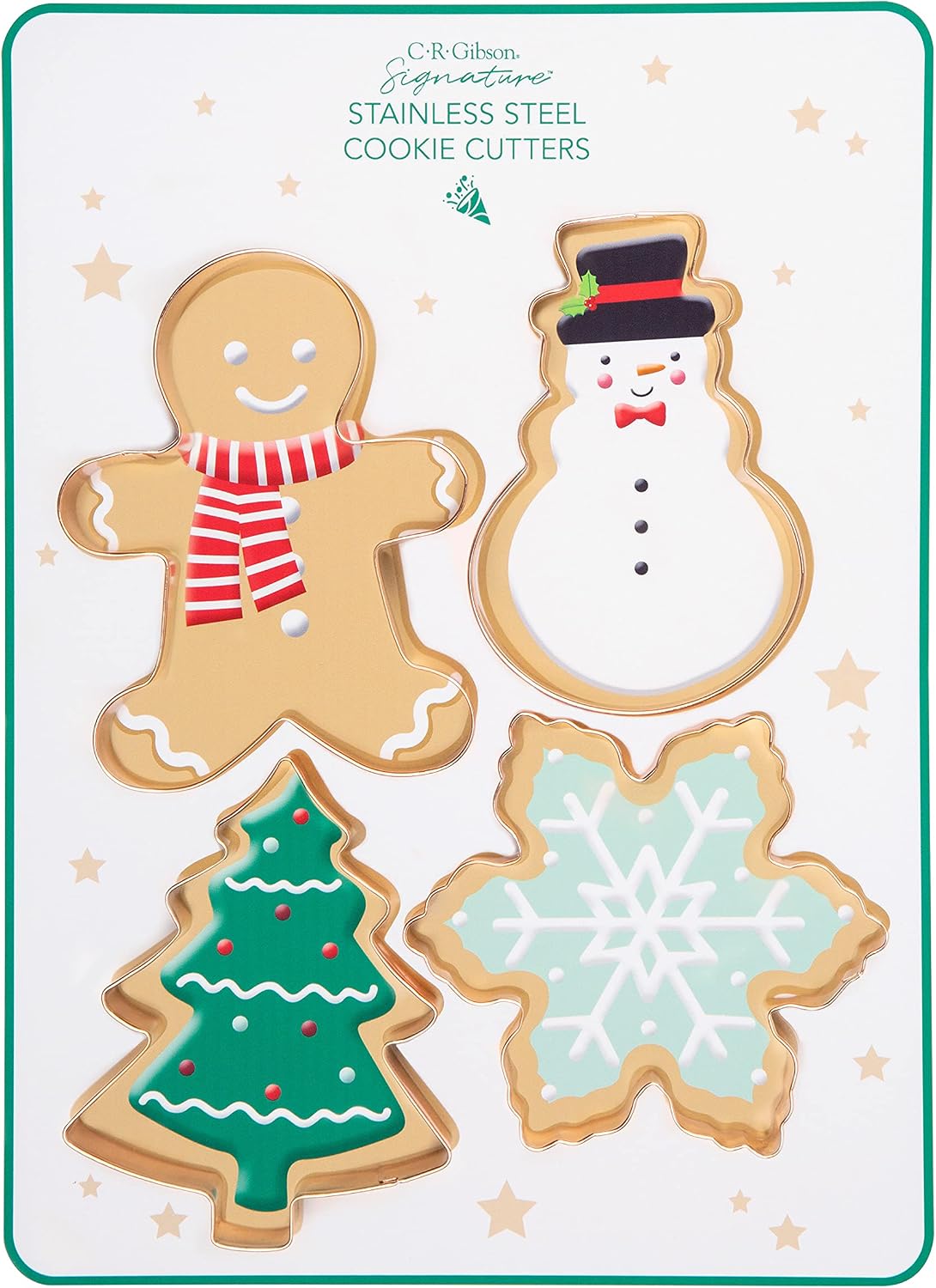 C.R. Gibson QHCC-24061 Snowman, Gingerbread Man, Tree, and Snowflake Christmas Cookie Cutter Set, 4pcs, 3" W x 4" H
