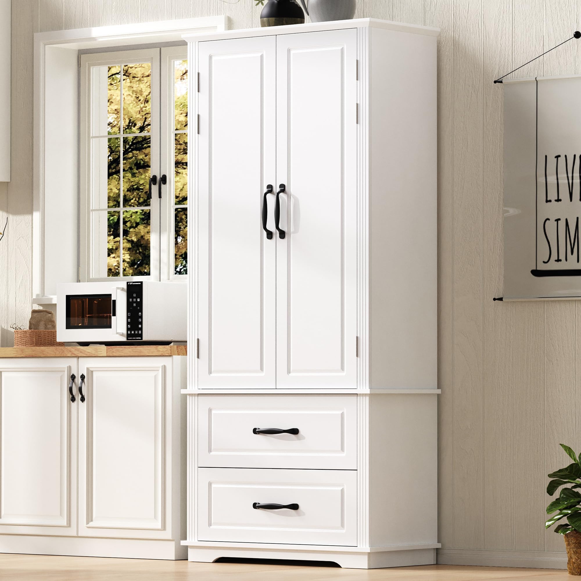 Ball &amp; Cast 71″Tall Kitchen Pantry Cabinet with Large Drawers,Versatile Farmhouse Wood Pantry Storage Cabinet w/8 Doors Shelves and Adjustable Shelves for Kitchen,Dining Room,White