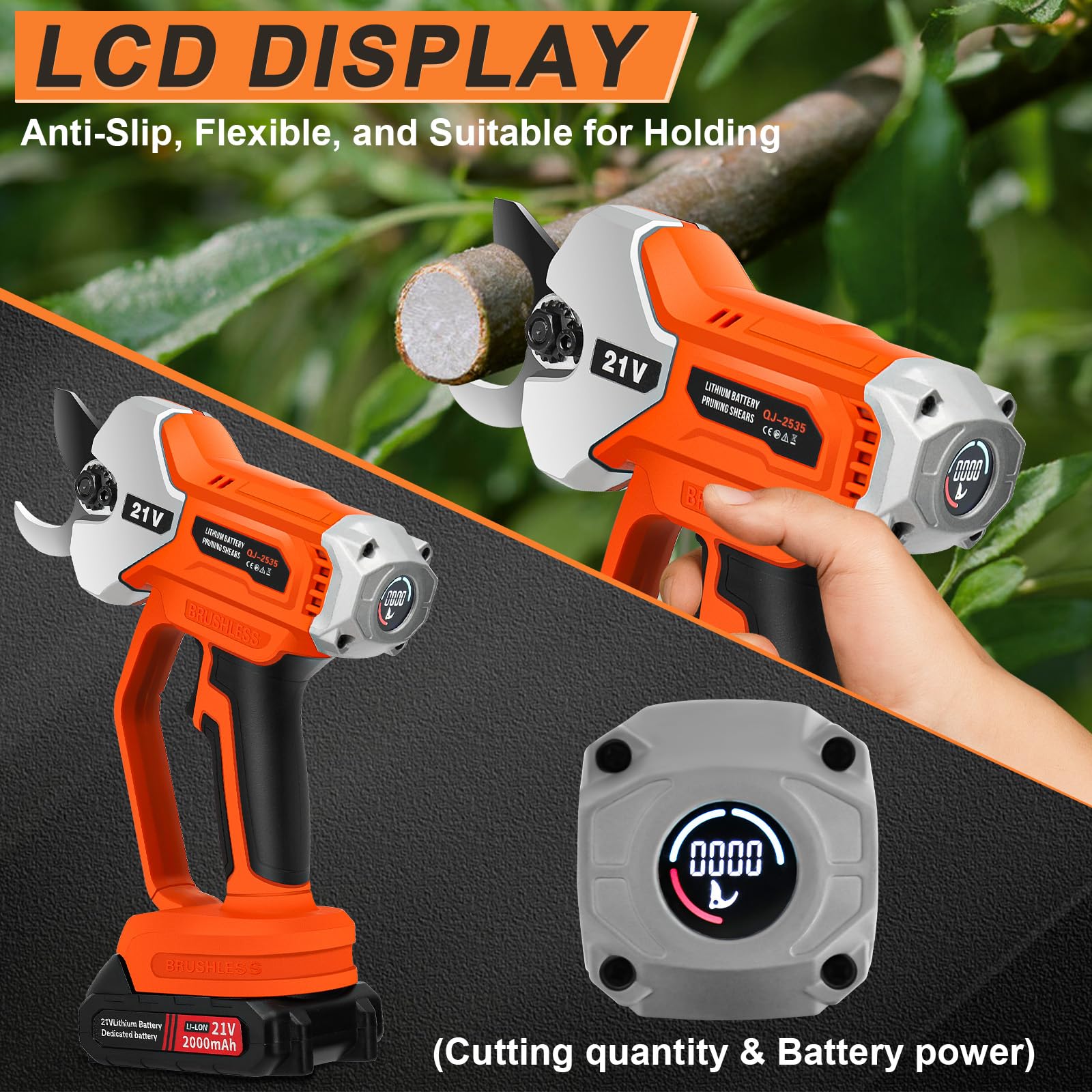 Tijeras de podar con batería con 2 baterías de 2,0 Ah, 21 V, profesional, sin escobillas, sierra de podar con 35 mm de diámetro de corte y pantalla LCD, para podar eficientemente