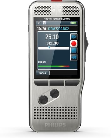 Philips DPM7000 Digital Voice Recorder with Slide Switch 2 Microphones for Stereo Sound Recordings Colour Display Stainless Steel Housing Includes SpeechExec 10 Voice Recorder